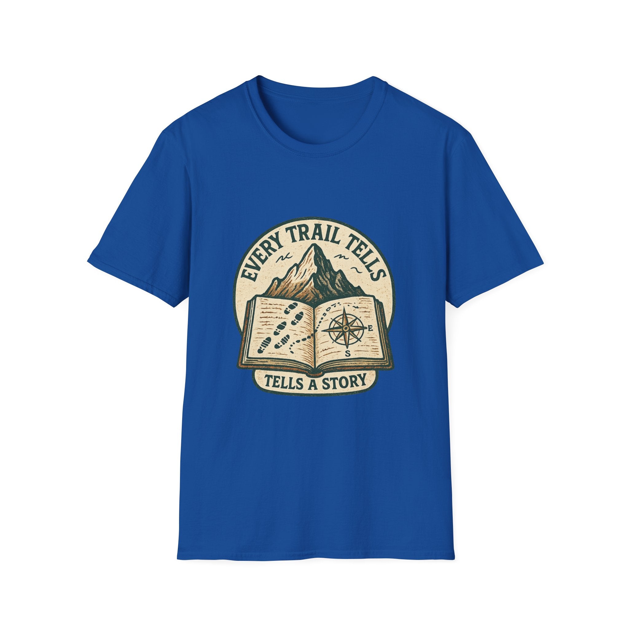 Every Trail Tells Story T-Shirt | Mountain, Open Book, Compass Design