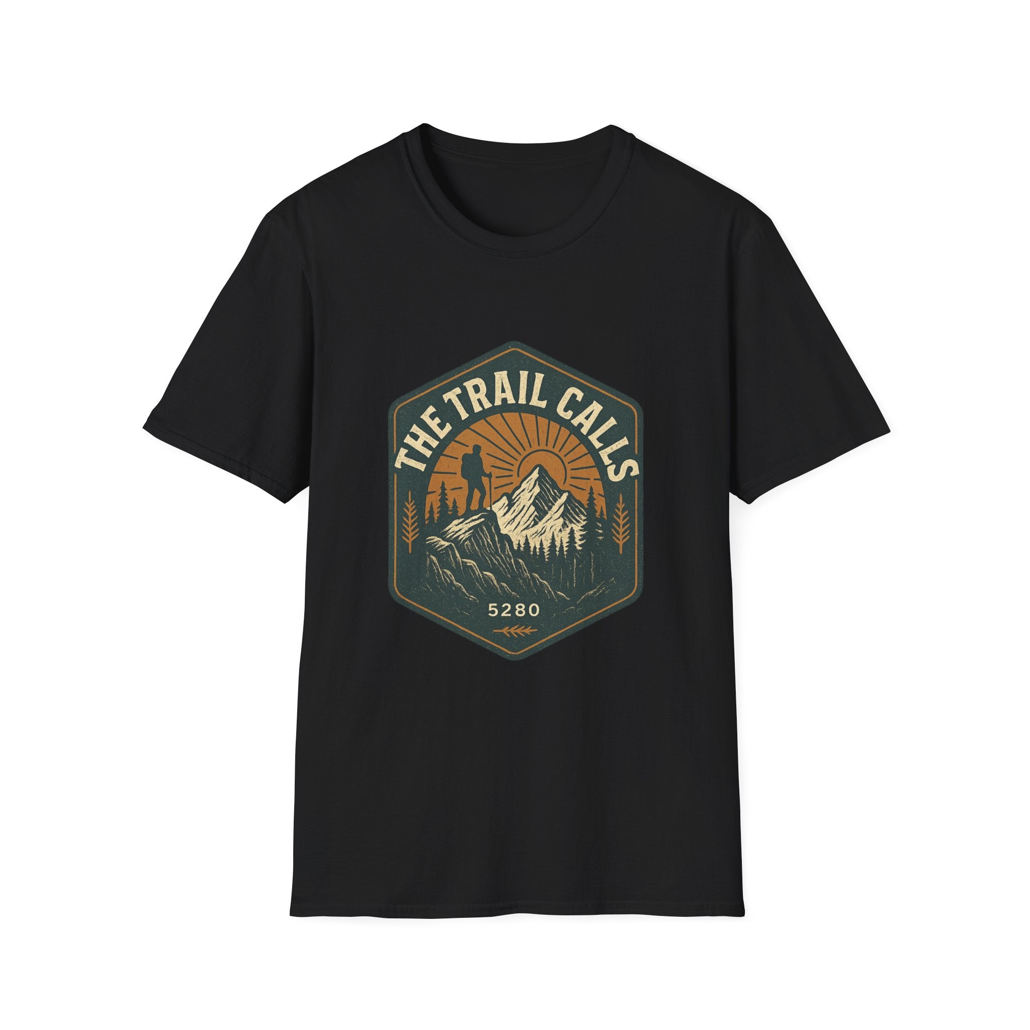 The Trail Calls hiking emblem T-Shirt | mountain, sunset, outdoors