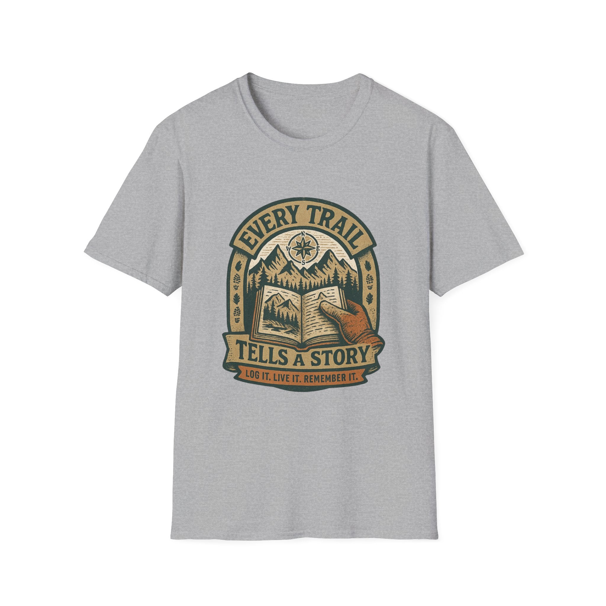 Every Trail Tells a Story T-Shirt | Hiking Mountains Compass Patch