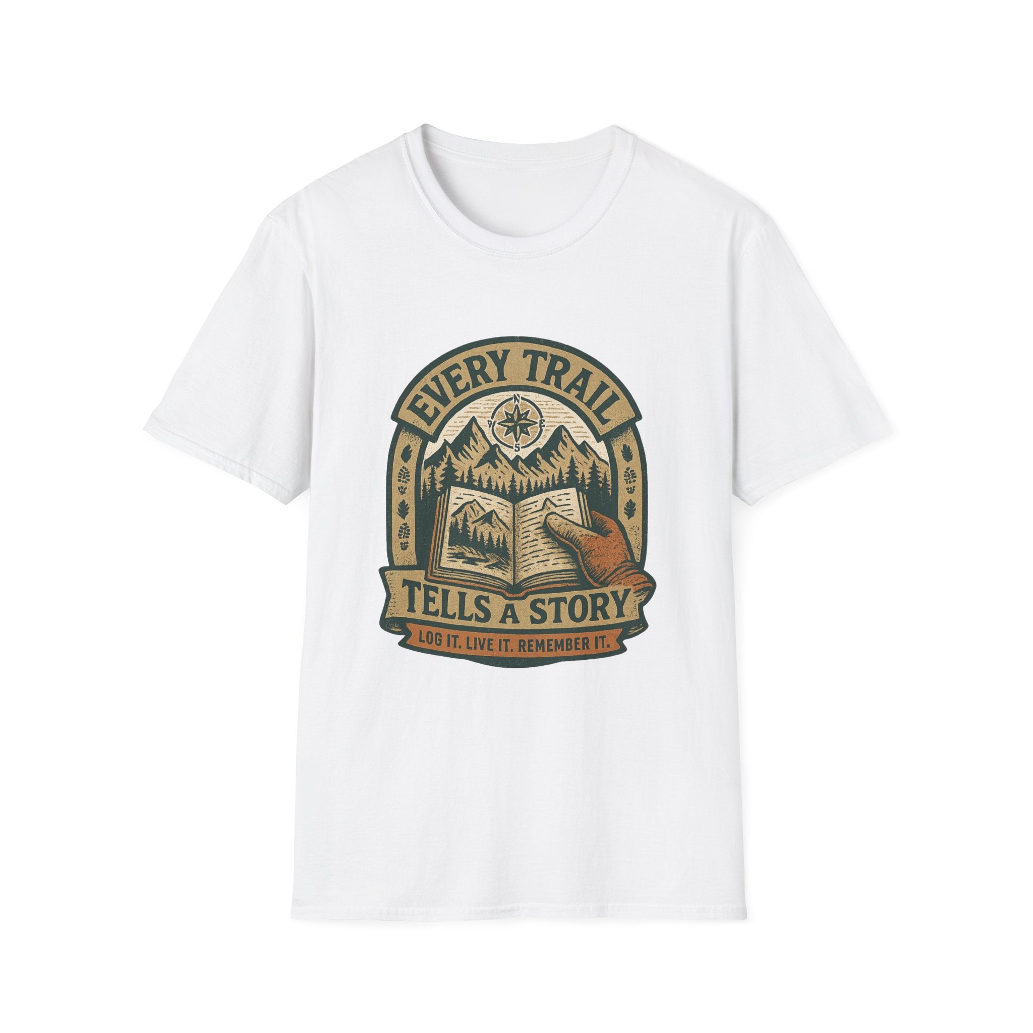 Every Trail Tells a Story T-Shirt | Hiking Mountains Compass Patch