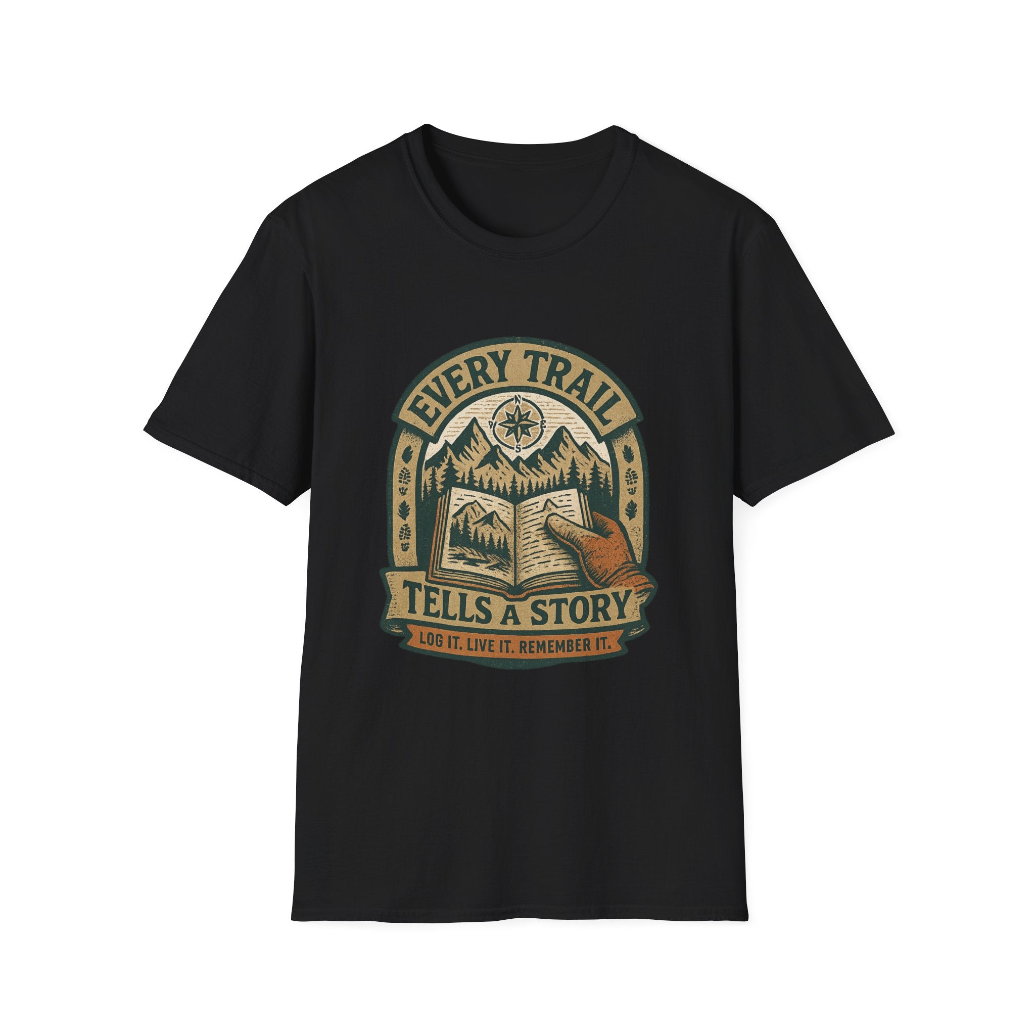 Every Trail Tells a Story T-Shirt | Hiking Mountains Compass Patch