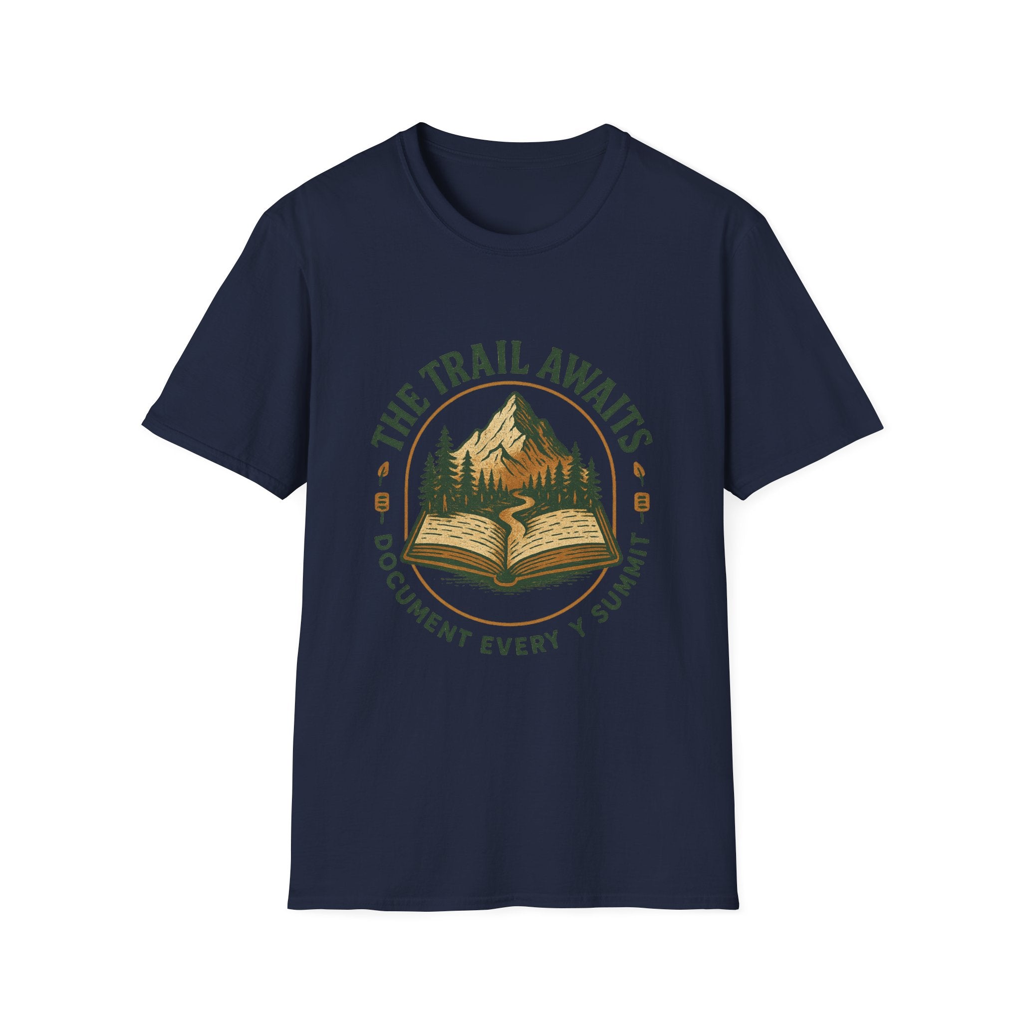 The Trail Awaits mountain and book illustration T-Shirt | hiking, adventure, nature