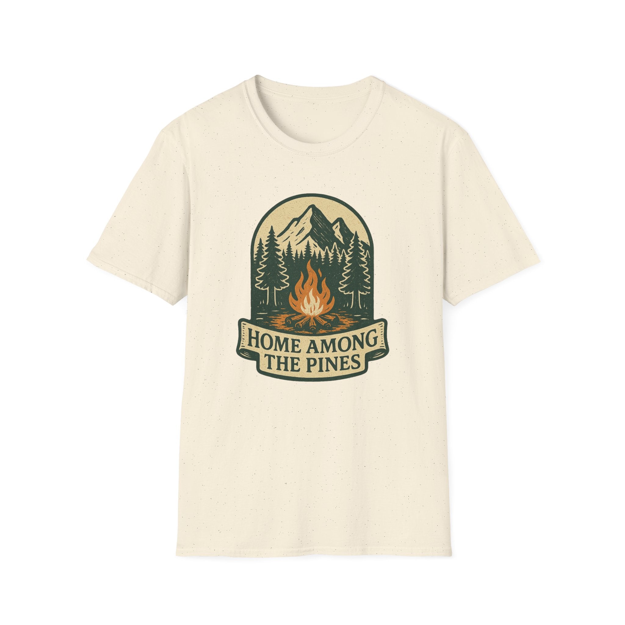 Home Among The Pines campfire graphic T-Shirt | mountain forest design