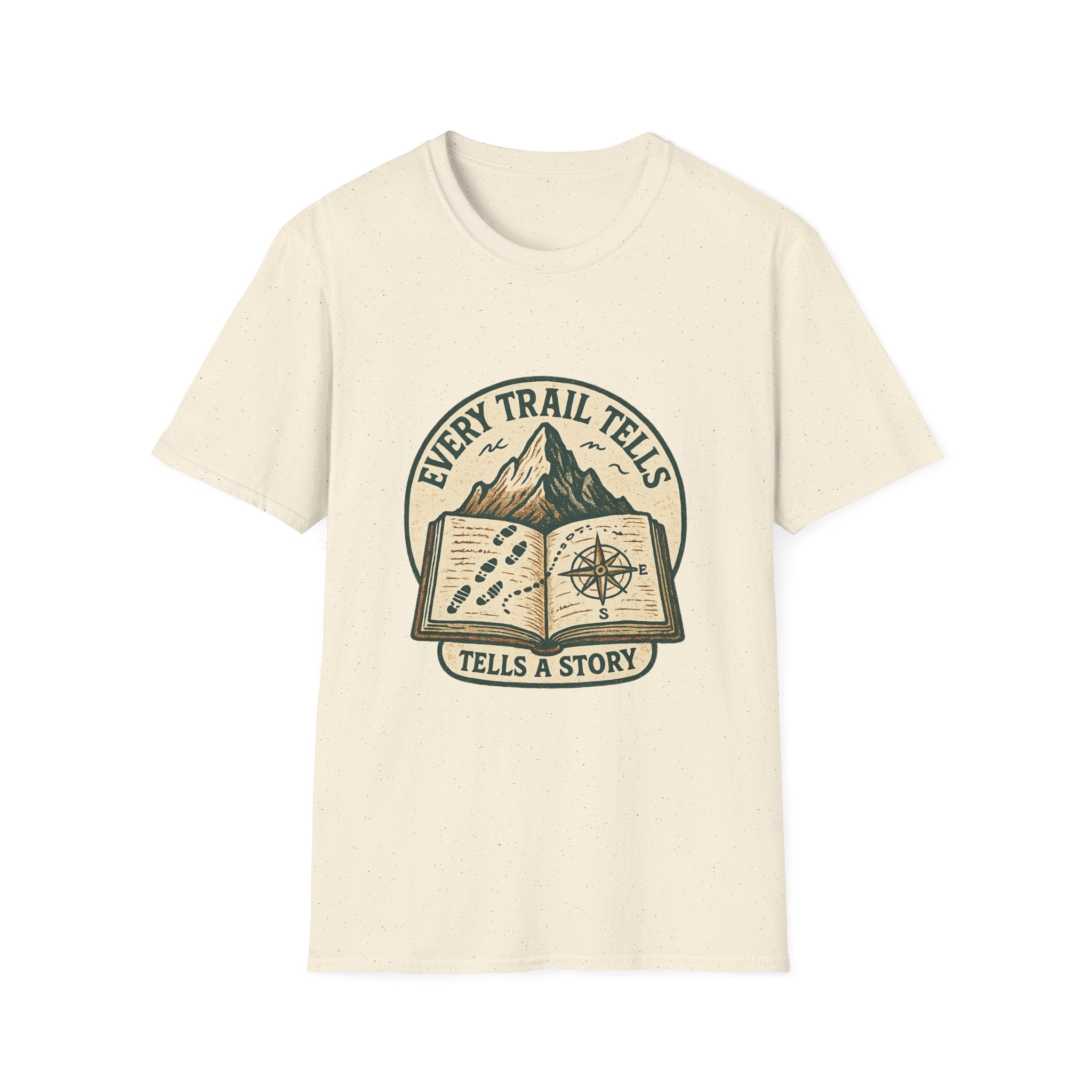 Every Trail Tells Story T-Shirt | Mountain, Open Book, Compass Design