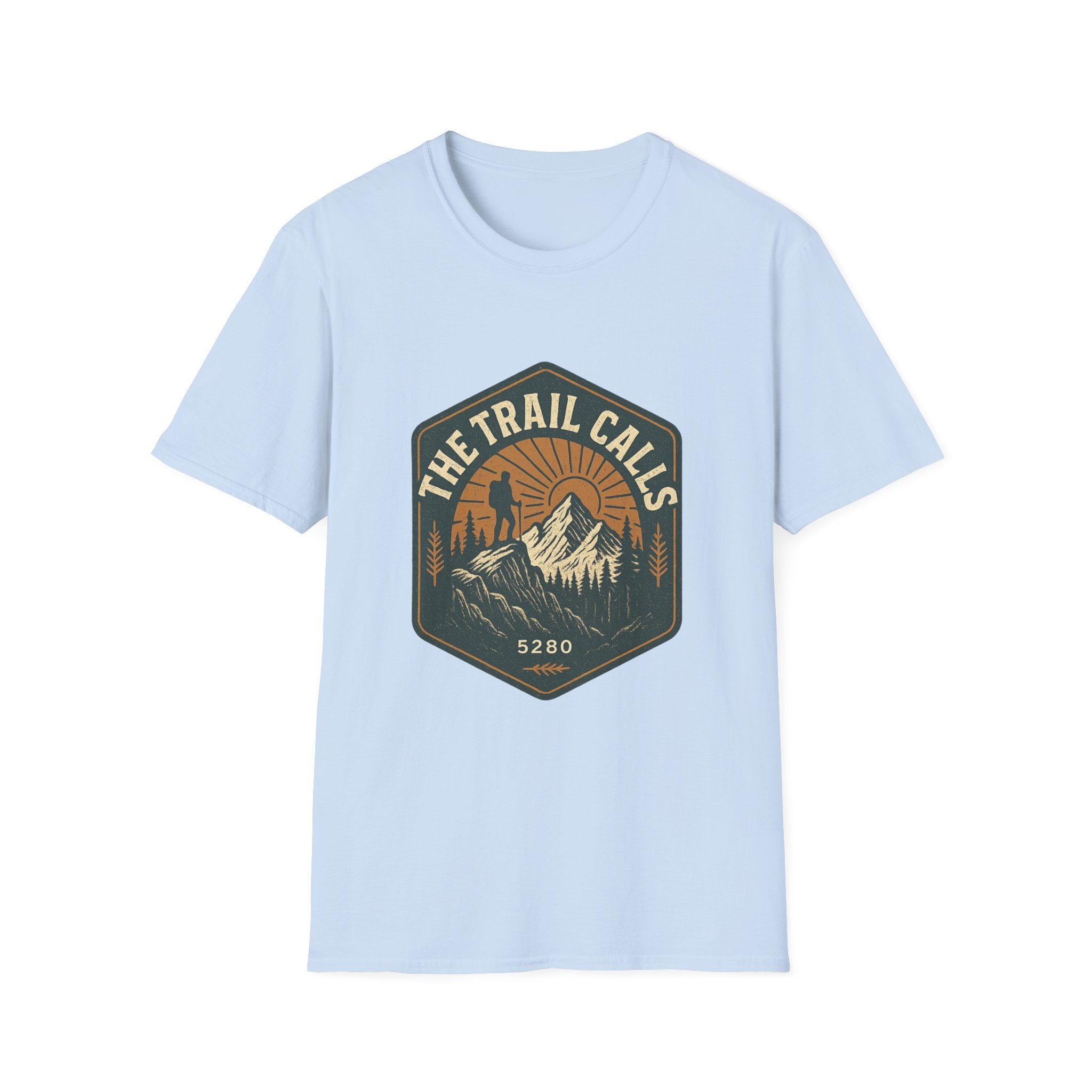 The Trail Calls hiking emblem T-Shirt | mountain, sunset, outdoors