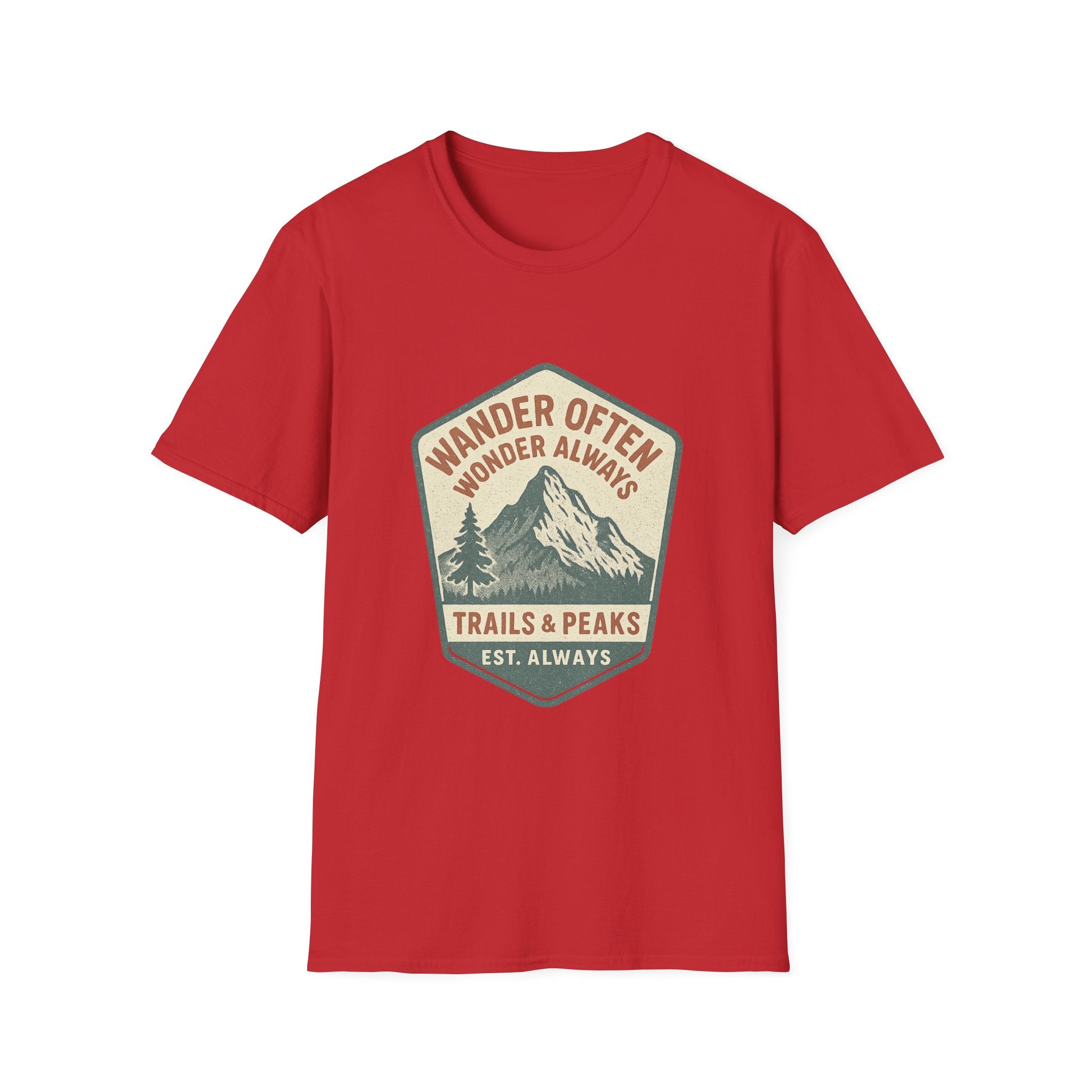 Wander Often Wonder Always Mountain Badge T-Shirt | Trails & Peaks Tee