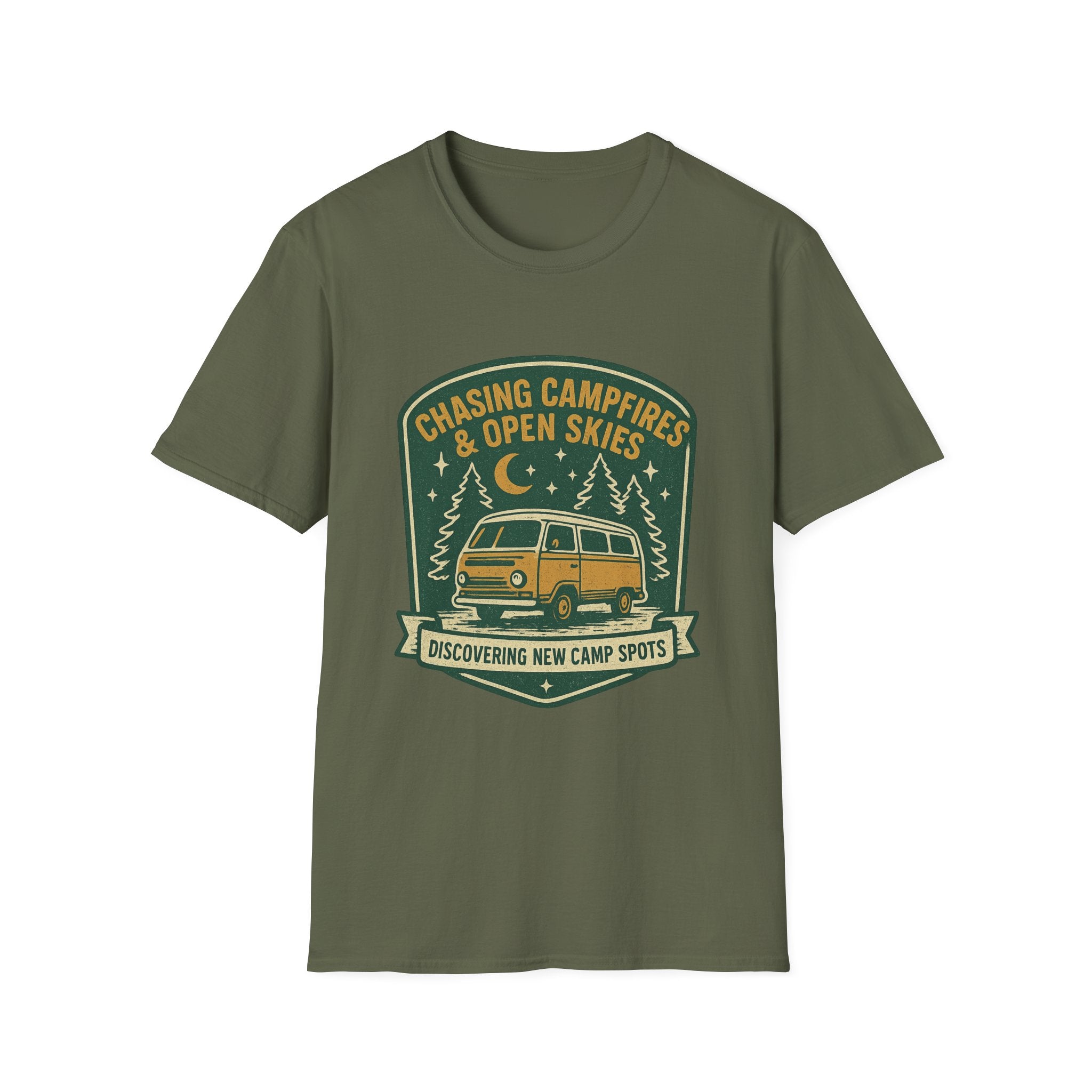 Chasing Campfires & Open Skies T-Shirt | Vintage Camper Van Camping Design