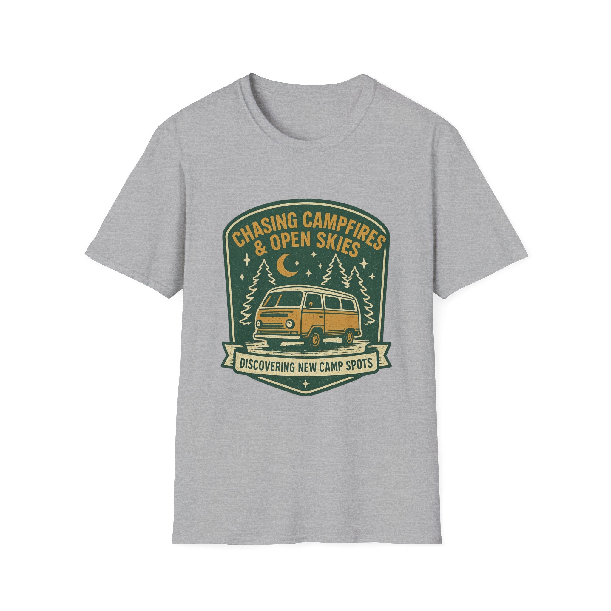 Chasing Campfires & Open Skies T-Shirt | Vintage Camper Van Camping Design