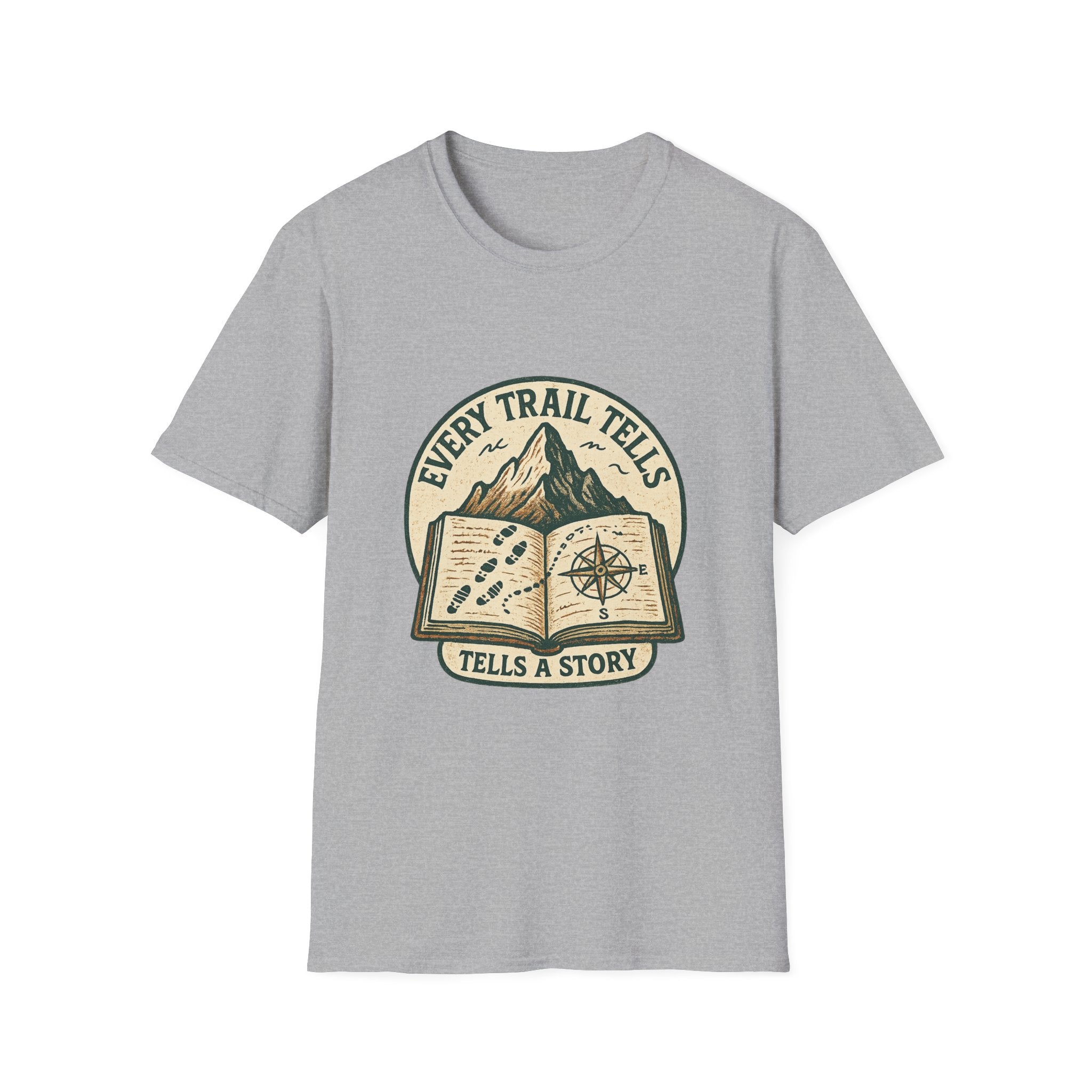 Every Trail Tells Story T-Shirt | Mountain, Open Book, Compass Design