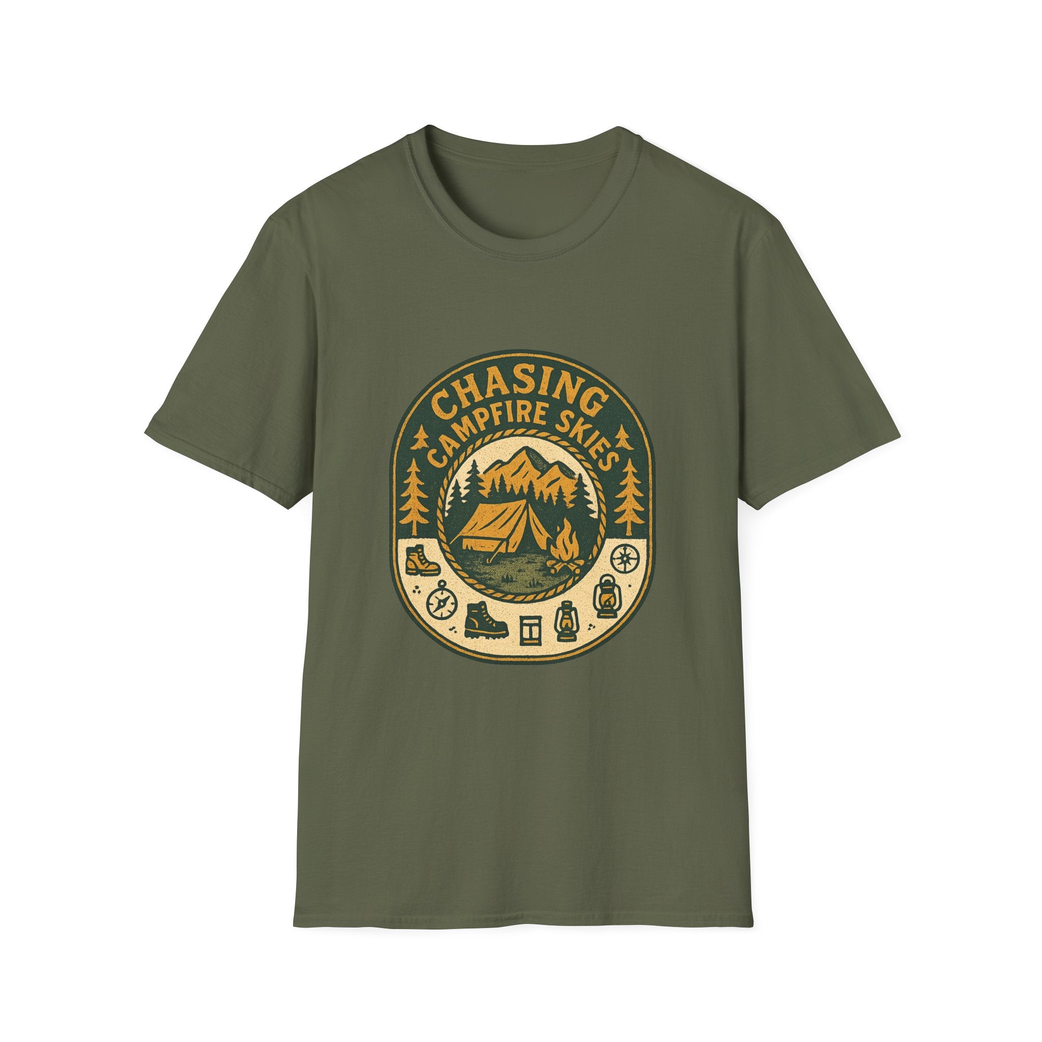 Chasing Campfire Skies T-Shirt | Mountain Camping Badge