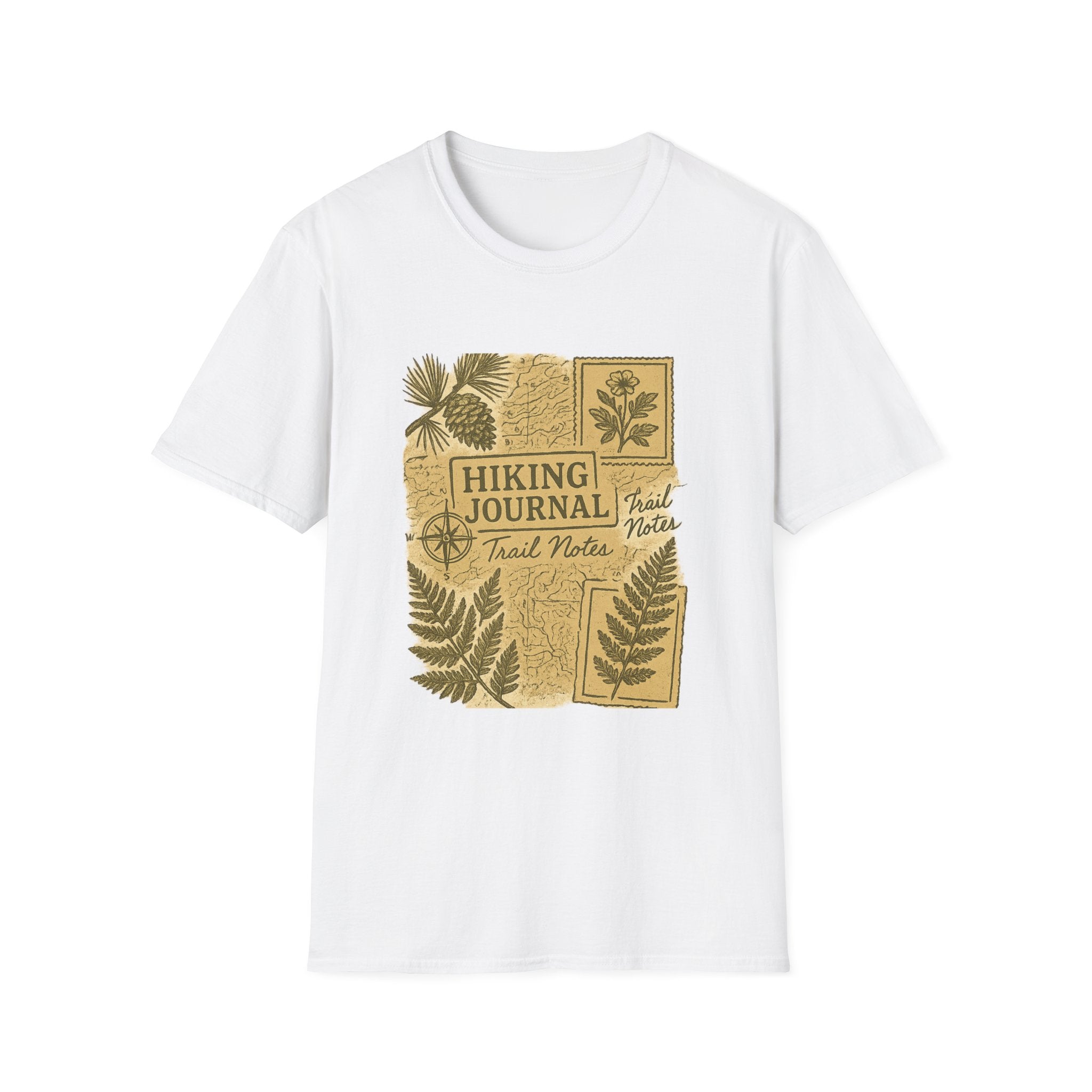 Hiking Journal Trail Notes T-Shirt | Botanical Ferns Compass Outdoor Theme