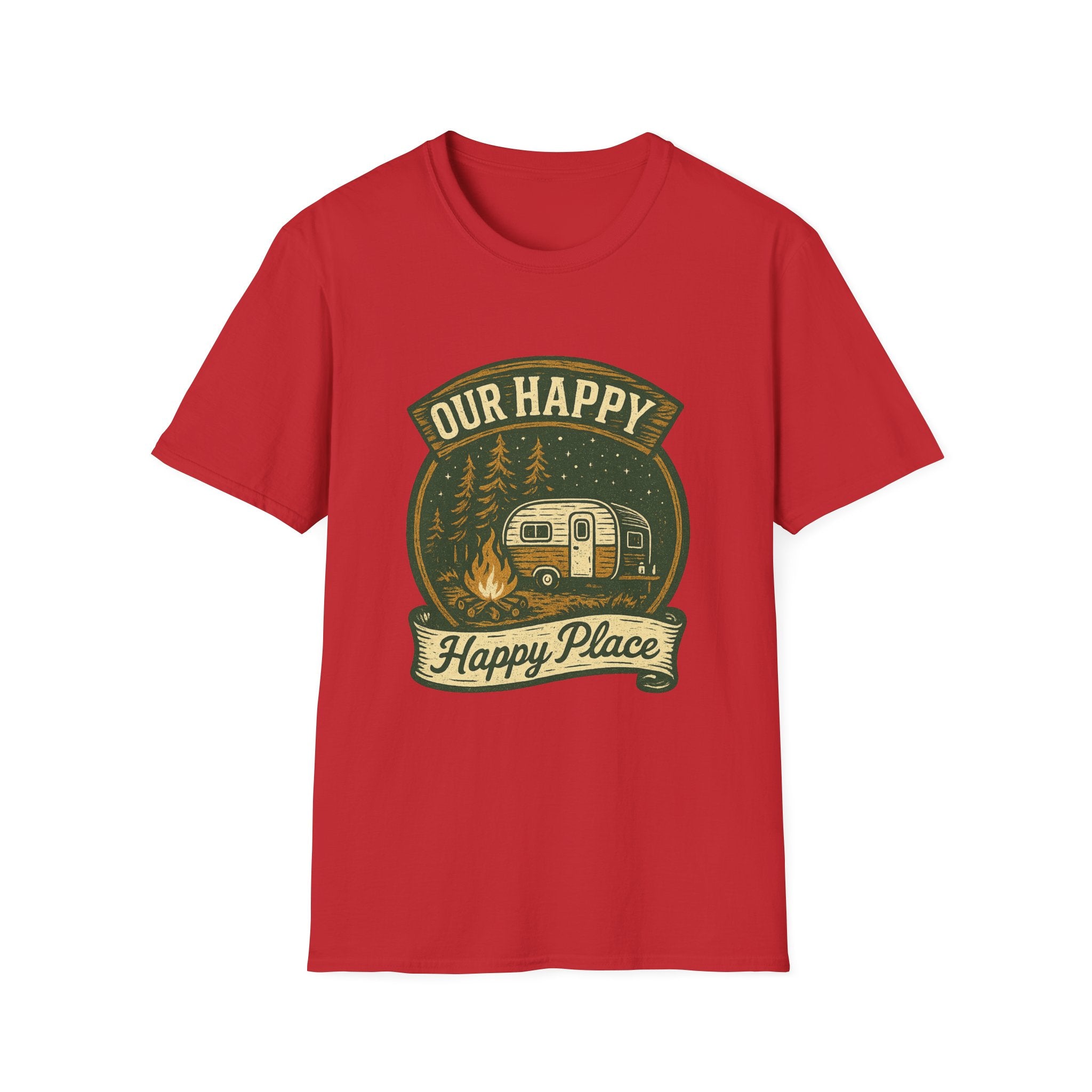 Our Happy Happy Place camper graphic T-Shirt | vintage camping trailer design