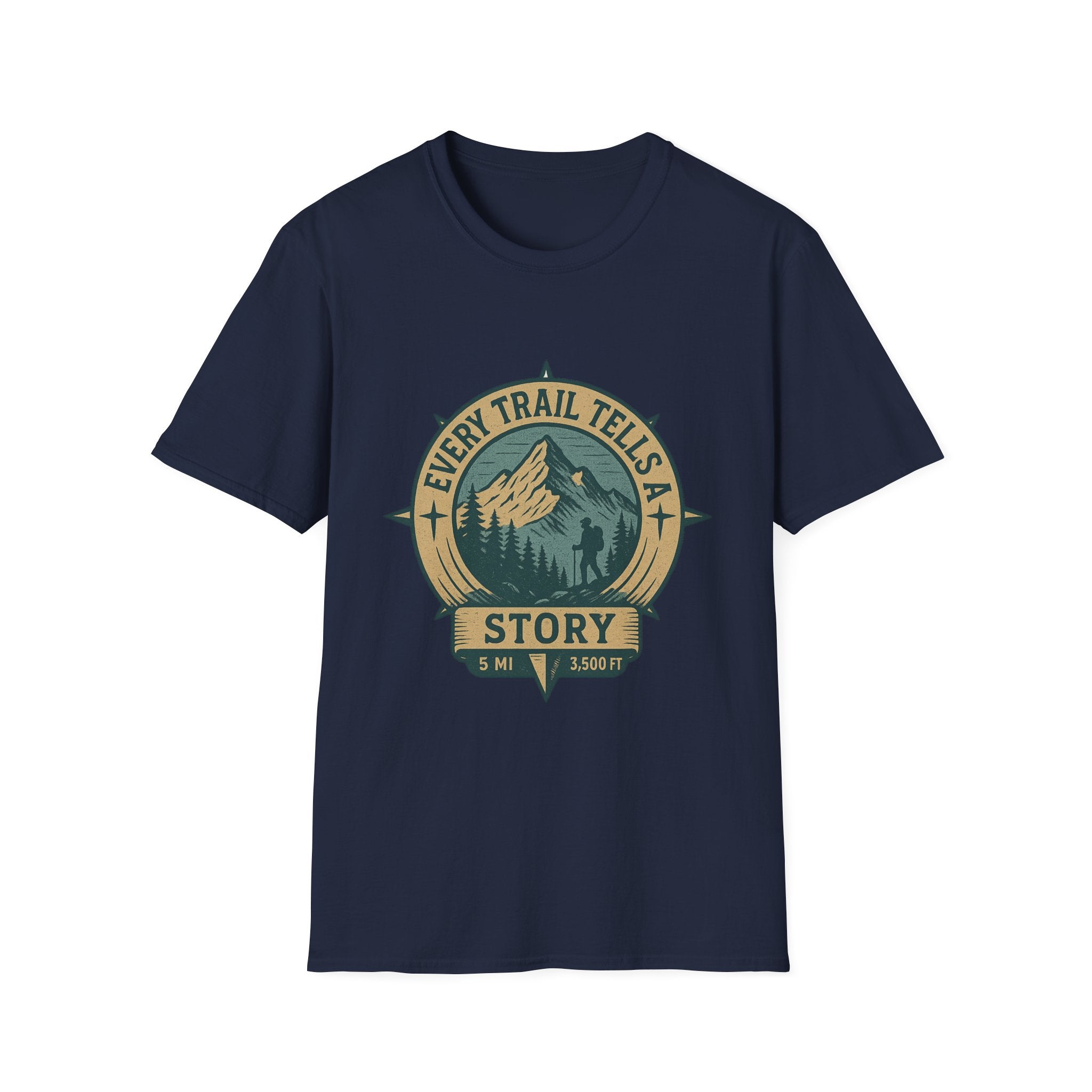 Every Trail Tells a Story T-Shirt | Mountain Hiking Badge Tee