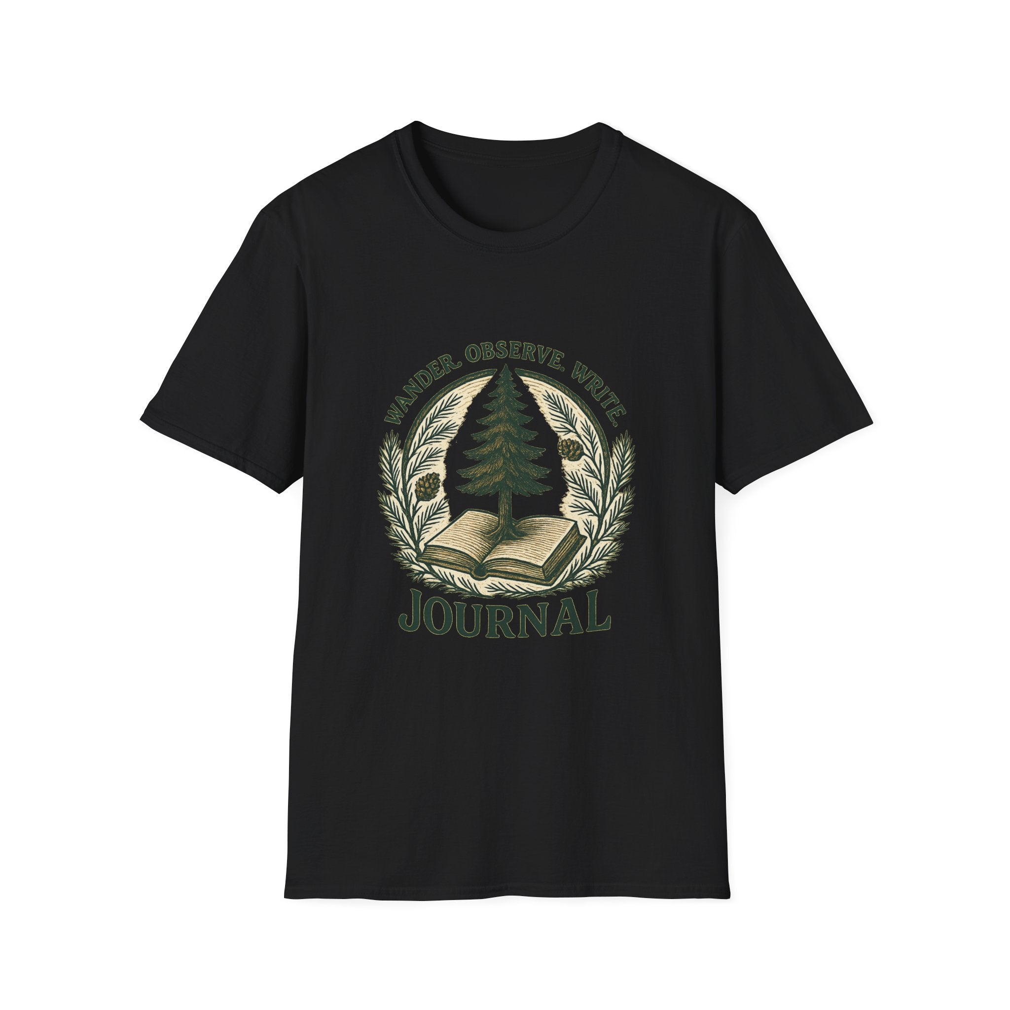 Wander Observe Write Journal T-Shirt | Nature Tree, Pinecone, Botanical Design