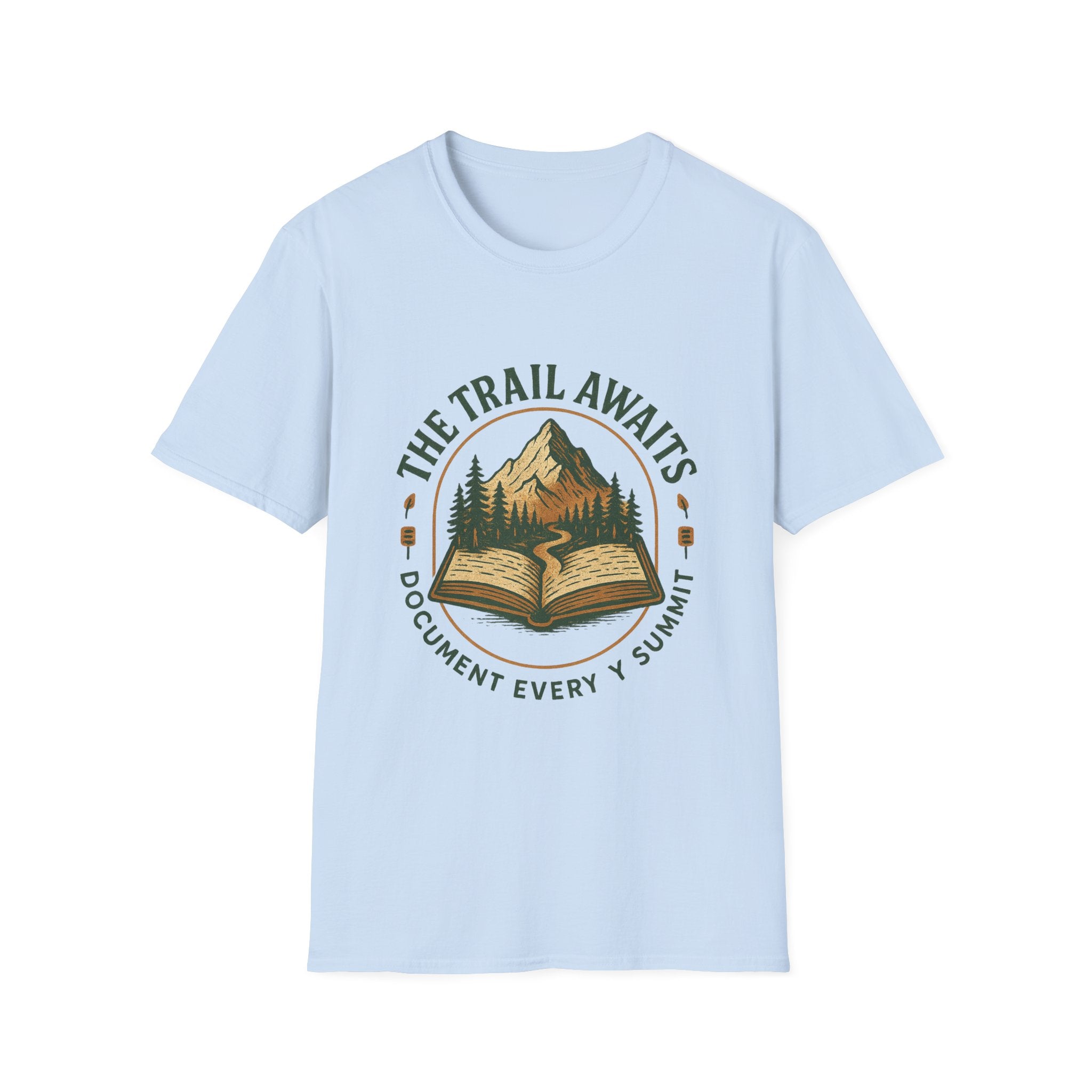 The Trail Awaits mountain and book illustration T-Shirt | hiking, adventure, nature