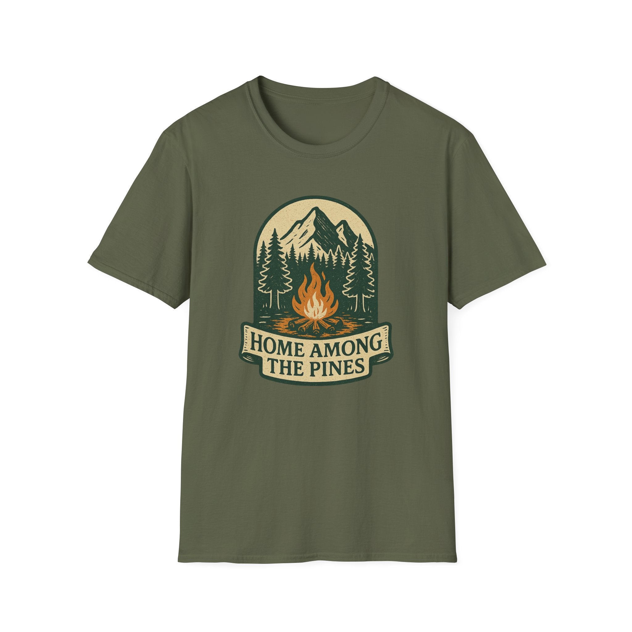Home Among The Pines campfire graphic T-Shirt | mountain forest design