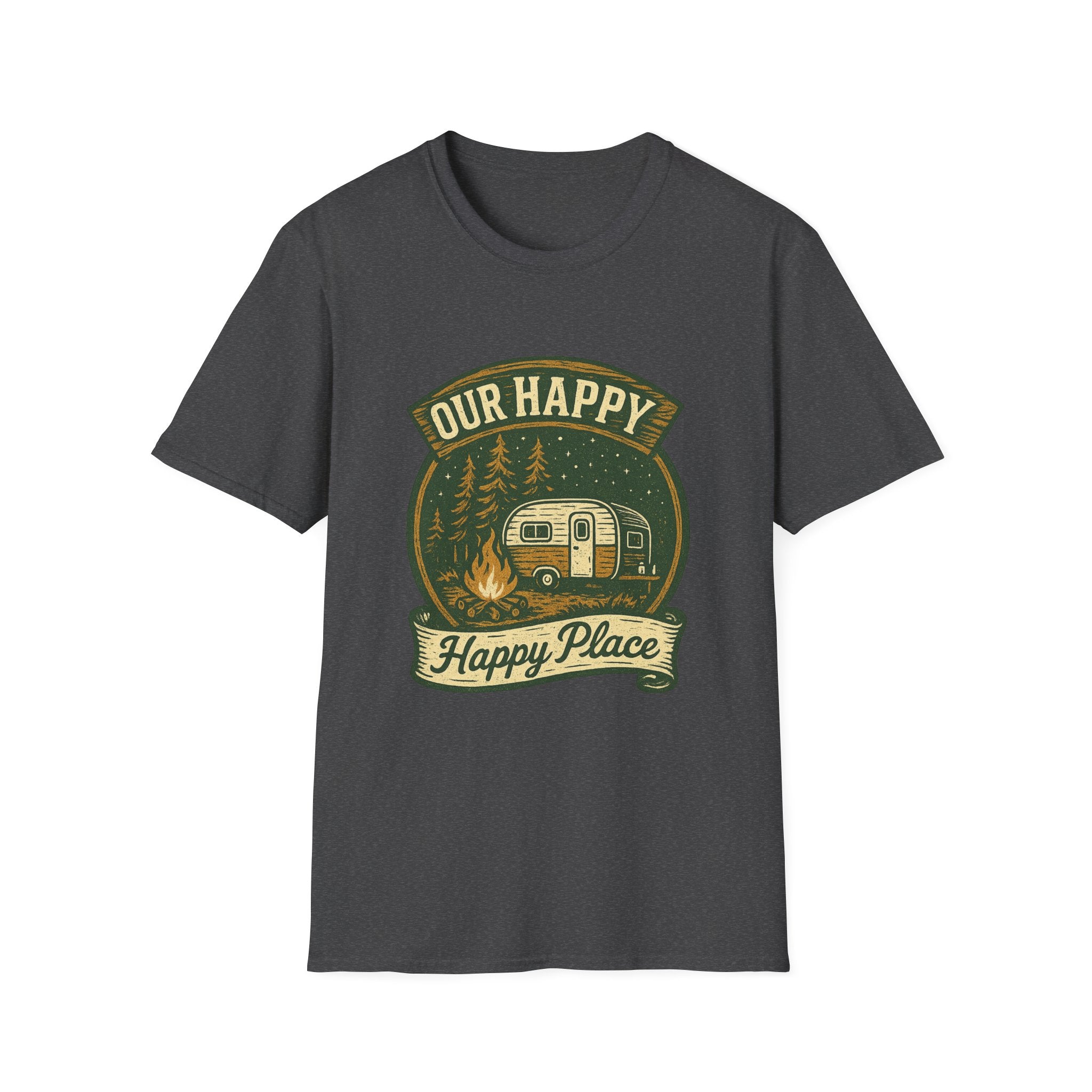Our Happy Happy Place camper graphic T-Shirt | vintage camping trailer design