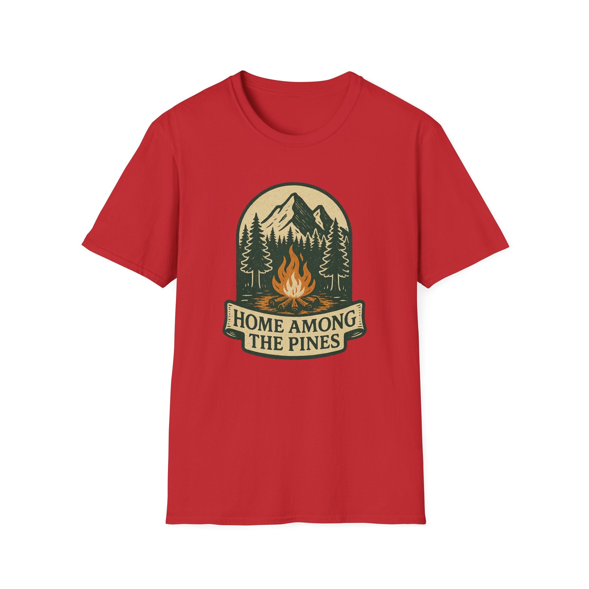Home Among The Pines campfire graphic T-Shirt | mountain forest design