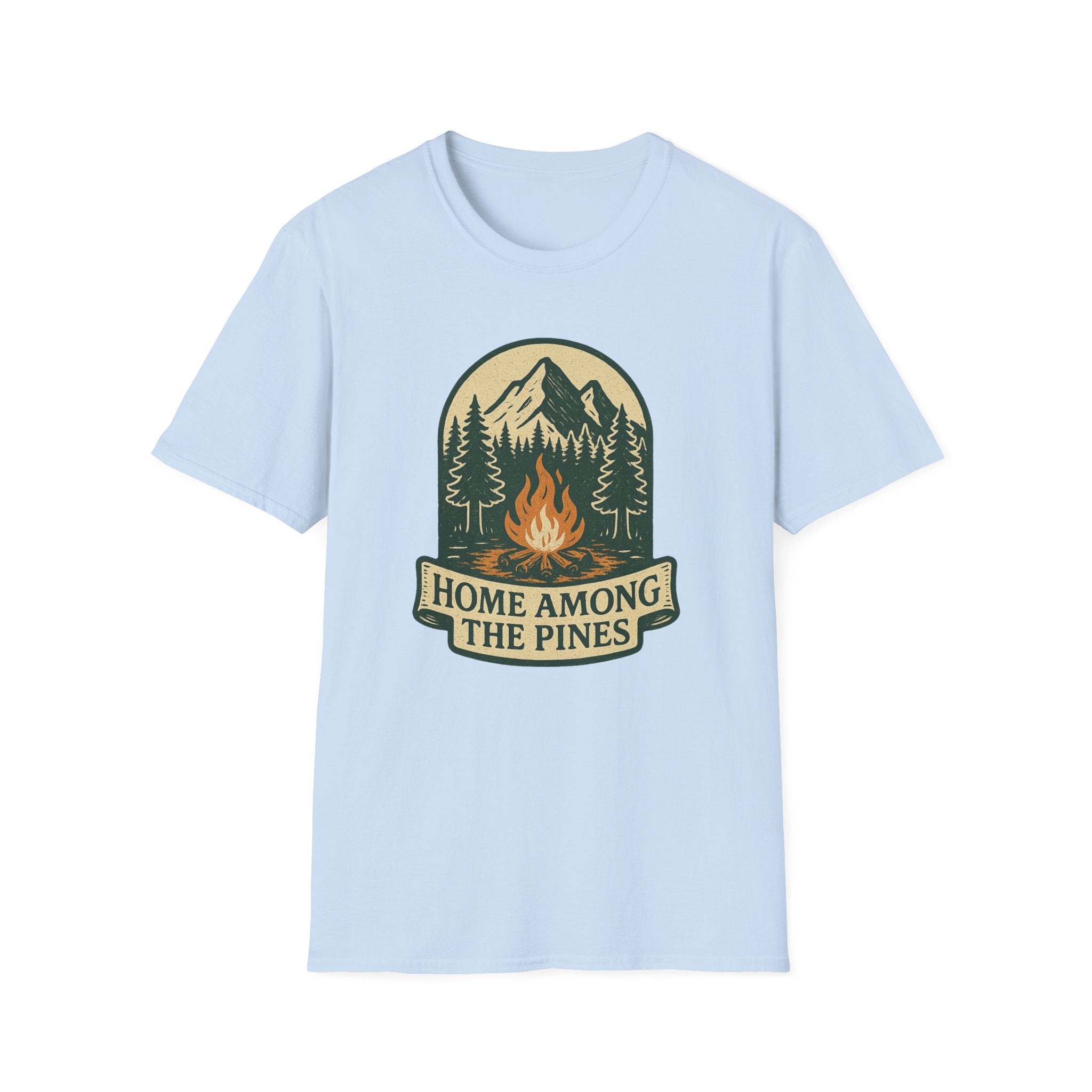 Home Among The Pines campfire graphic T-Shirt | mountain forest design