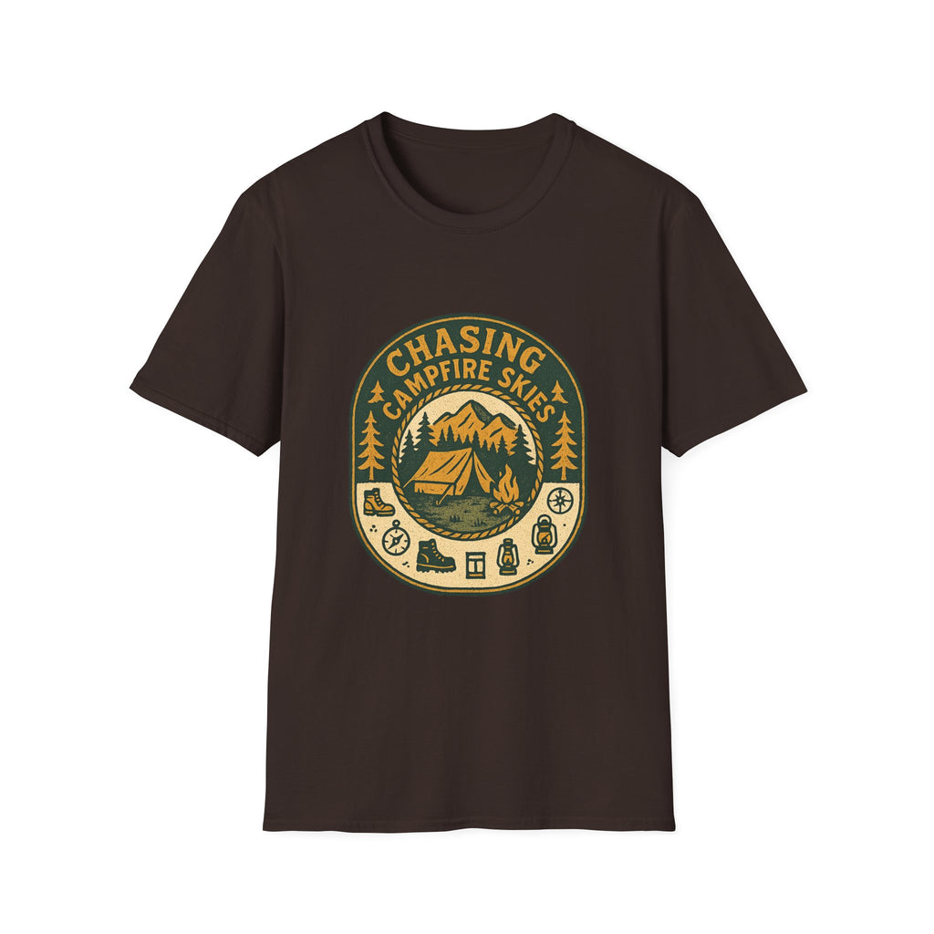 Chasing Campfire Skies T-Shirt | Mountain Camping Badge