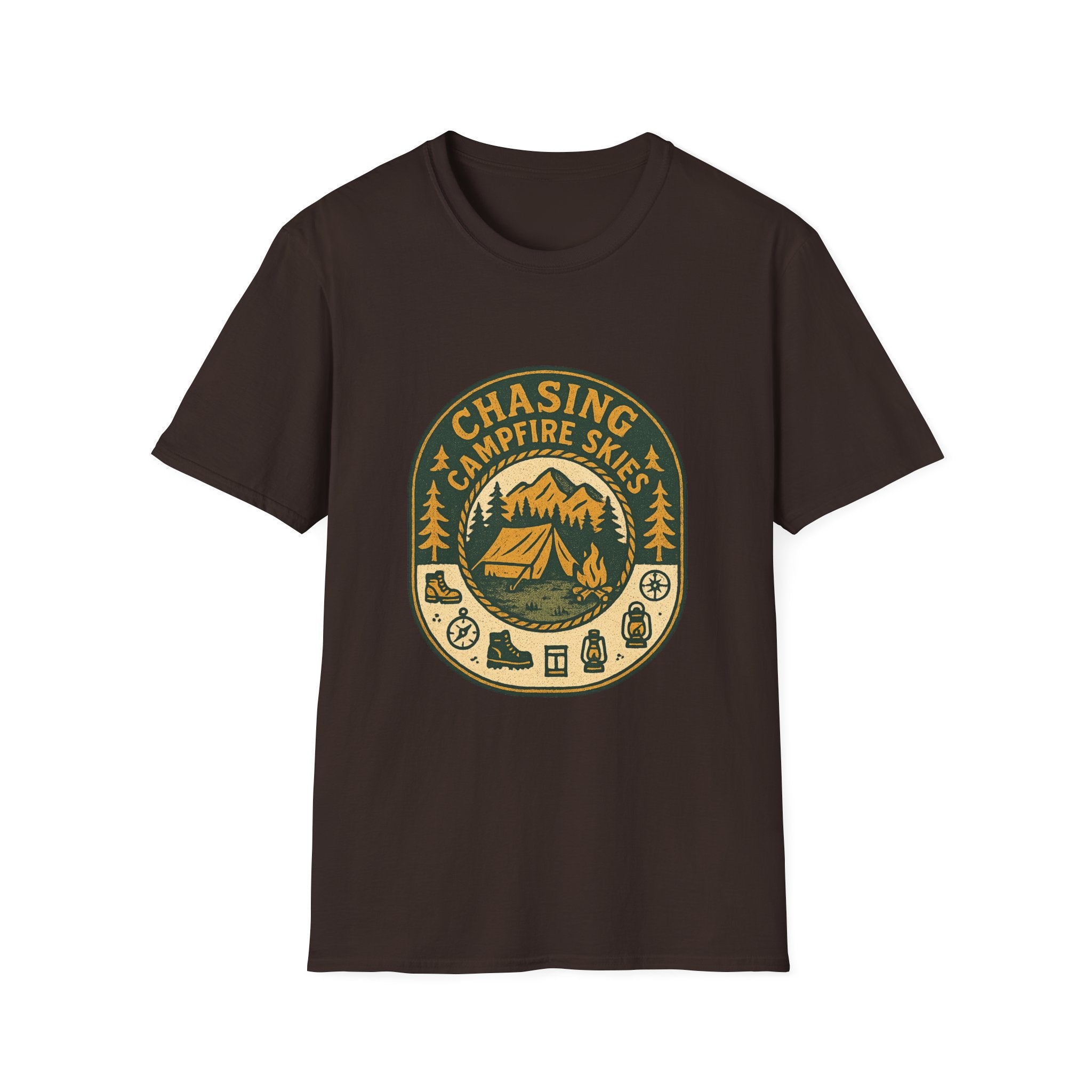 Chasing Campfire Skies T-Shirt | Mountain Camping Badge