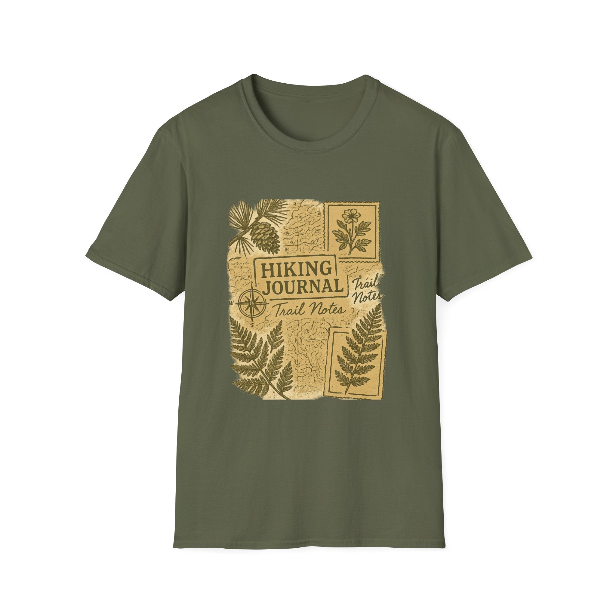 Hiking Journal Trail Notes T-Shirt | Botanical Ferns Compass Outdoor Theme
