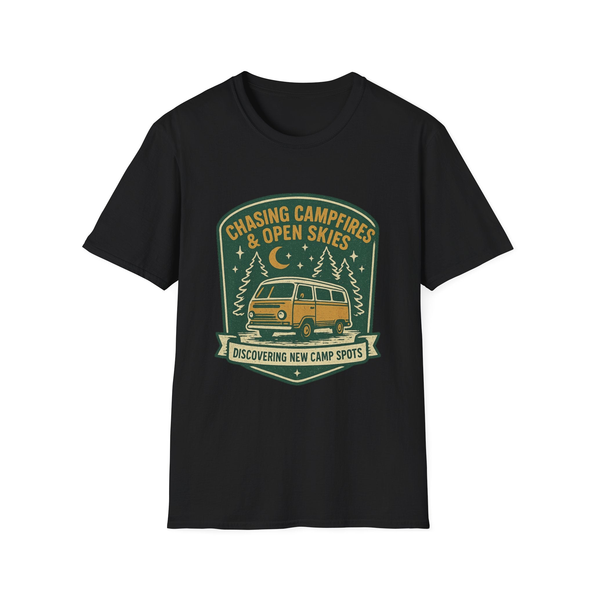 Chasing Campfires & Open Skies T-Shirt | Vintage Camper Van Camping Design
