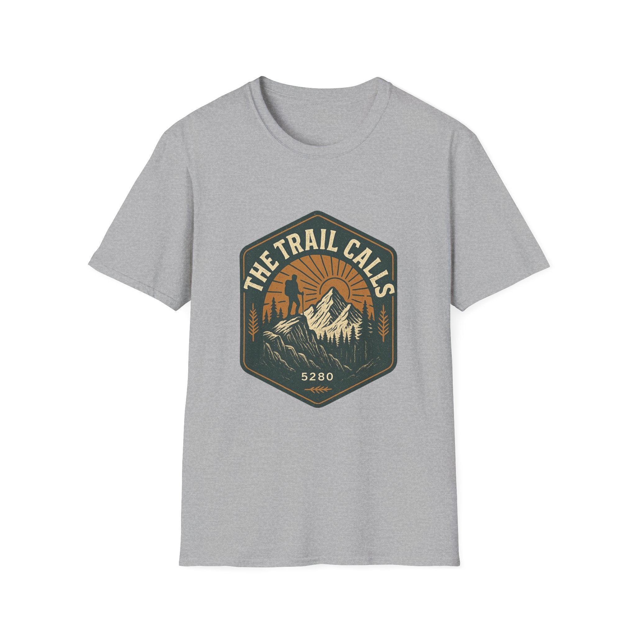 The Trail Calls hiking emblem T-Shirt | mountain, sunset, outdoors