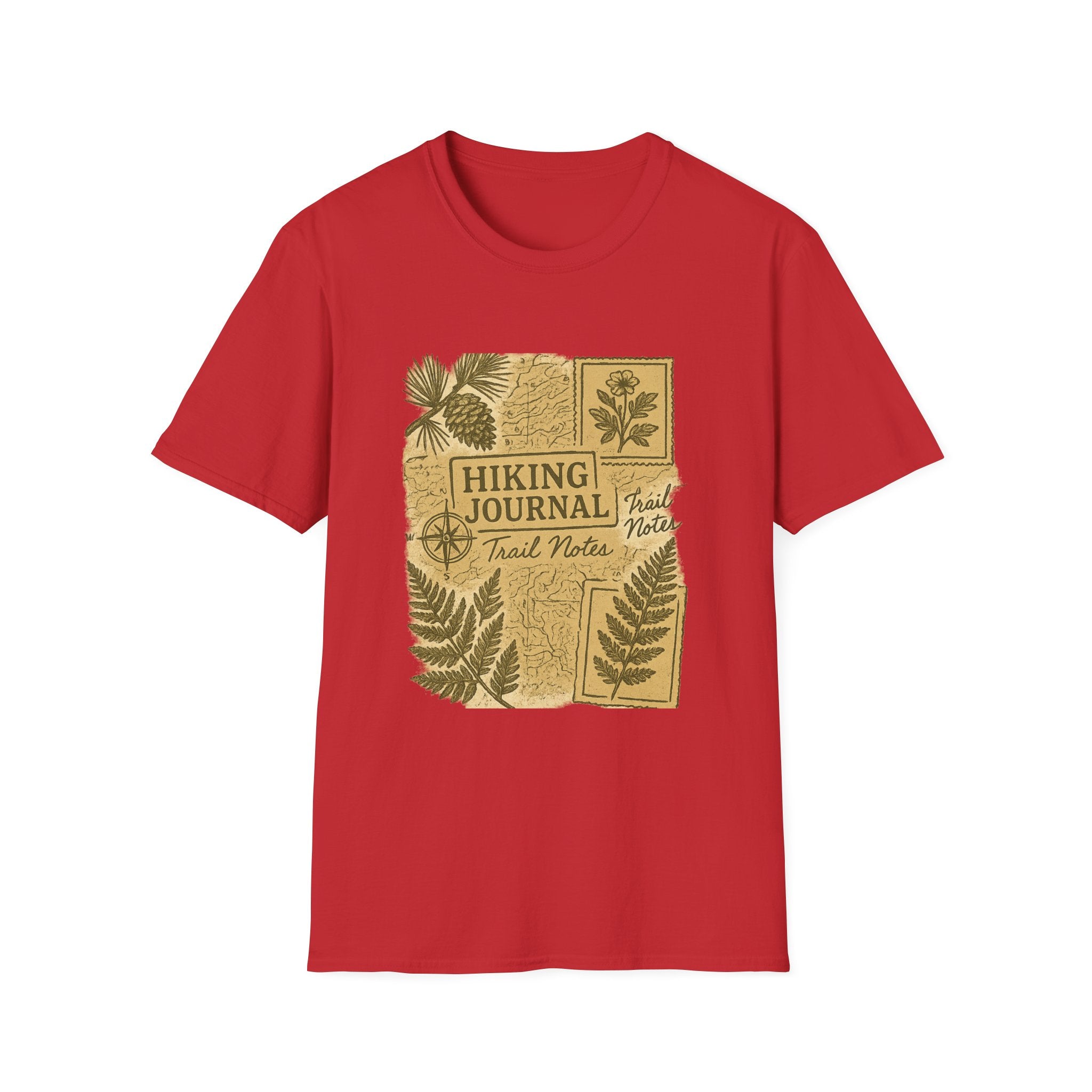 Hiking Journal Trail Notes T-Shirt | Botanical Ferns Compass Outdoor Theme