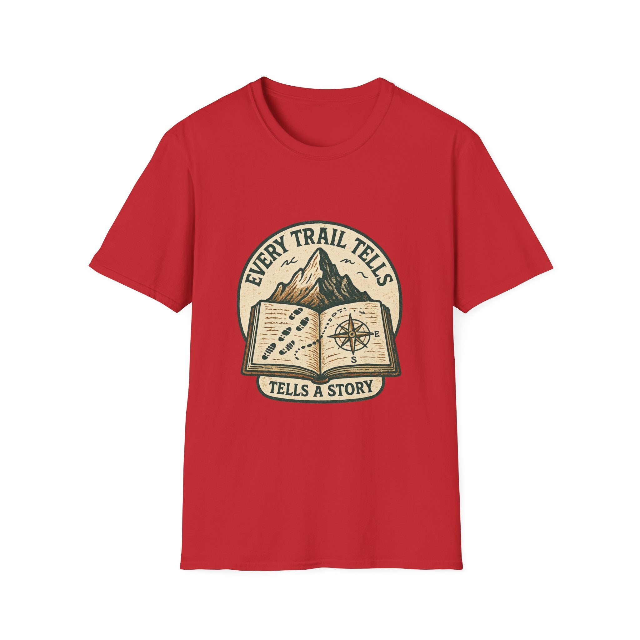 Every Trail Tells Story T-Shirt | Mountain, Open Book, Compass Design