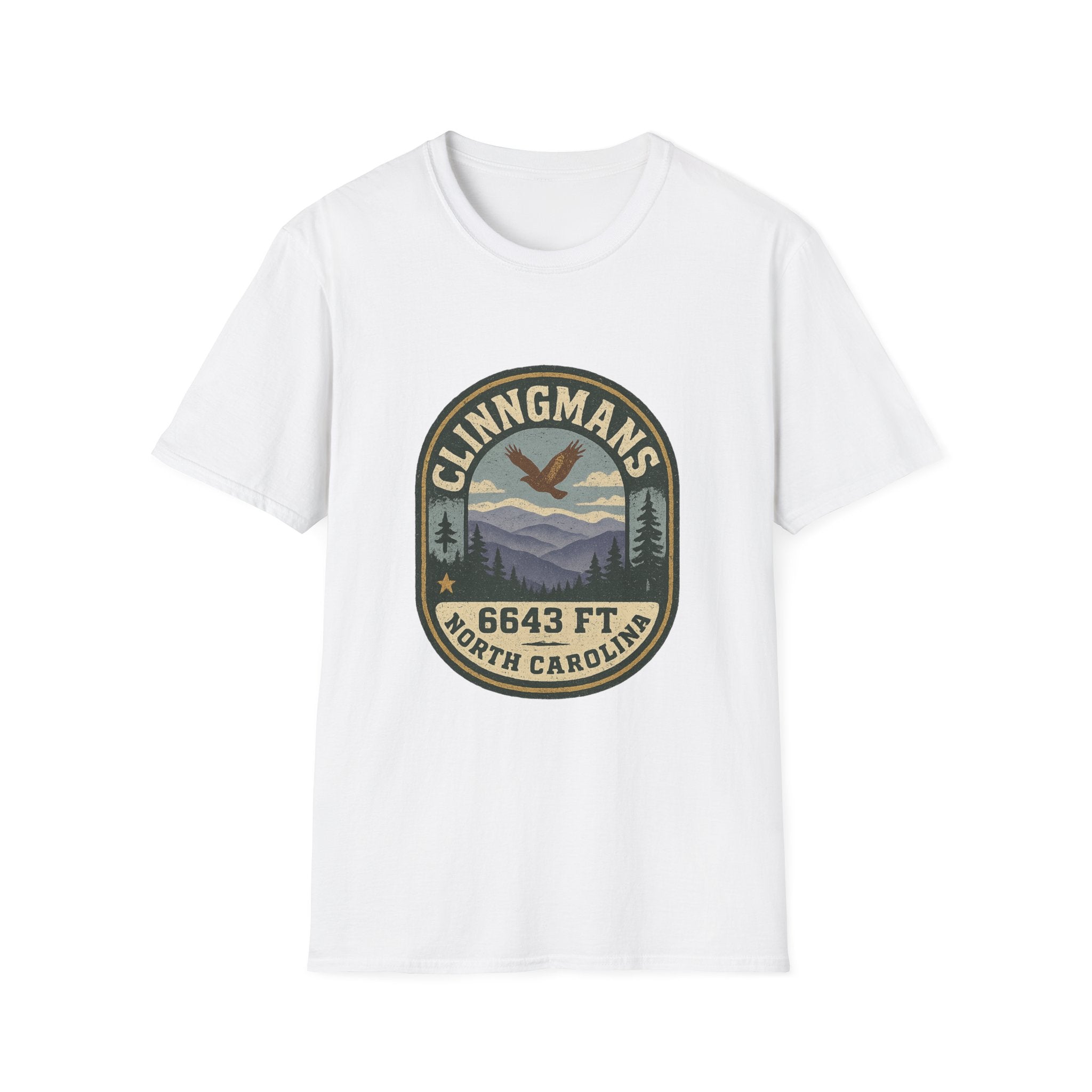 Clinngmans North Carolina 6643 Ft Mountain Badge T-Shirt | Hiking Patch Design