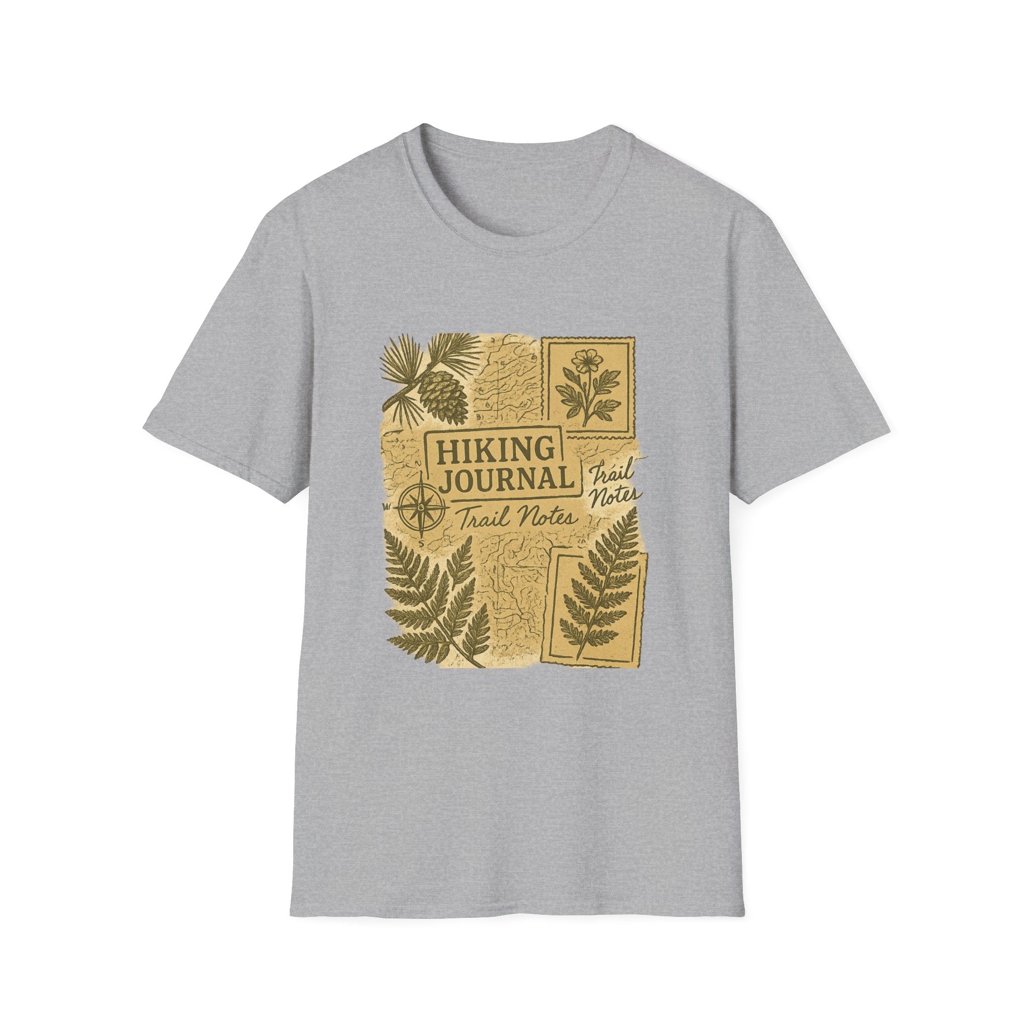 Hiking Journal Trail Notes T-Shirt | Botanical Ferns Compass Outdoor Theme