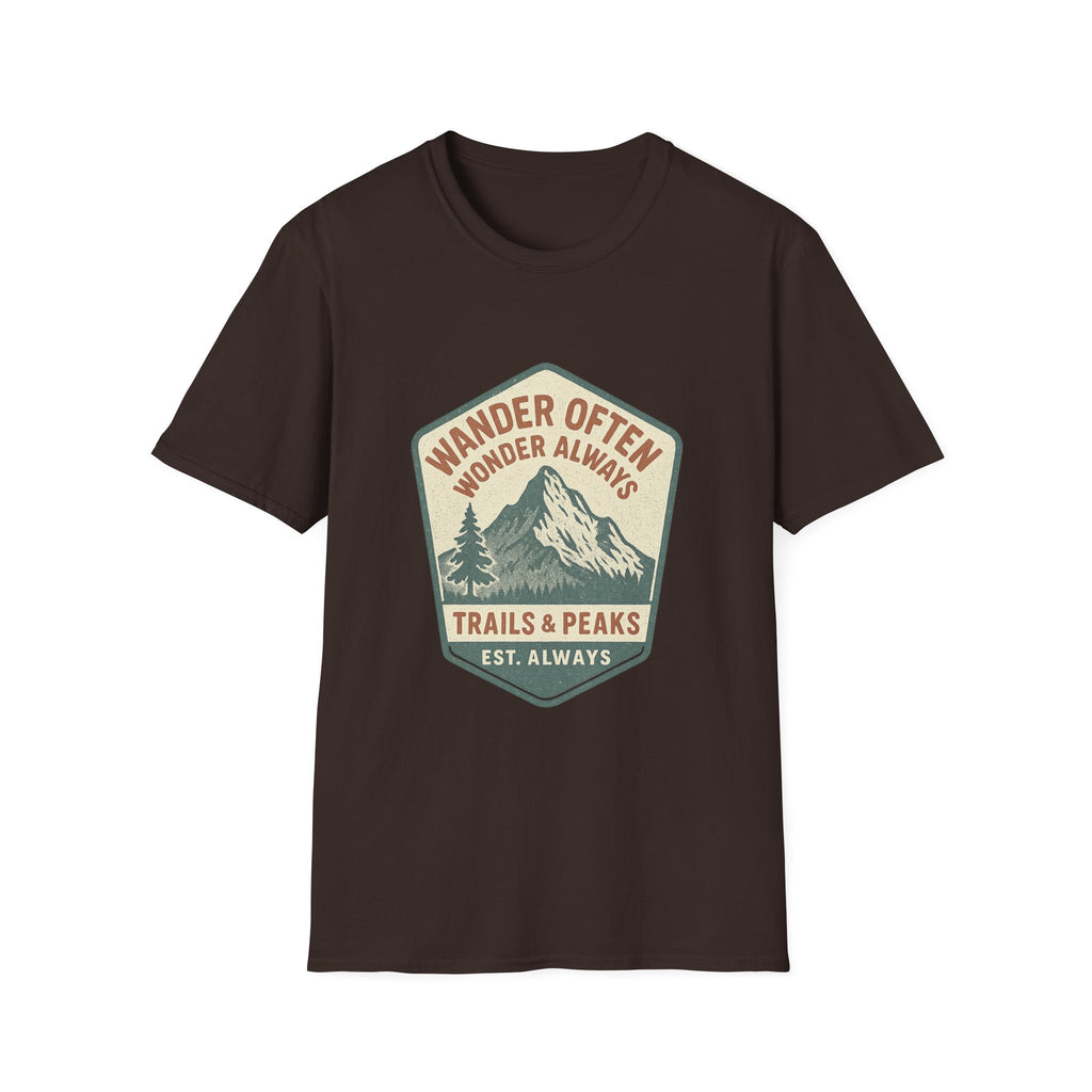 Wander Often Wonder Always Mountain Badge T-Shirt | Trails & Peaks Tee