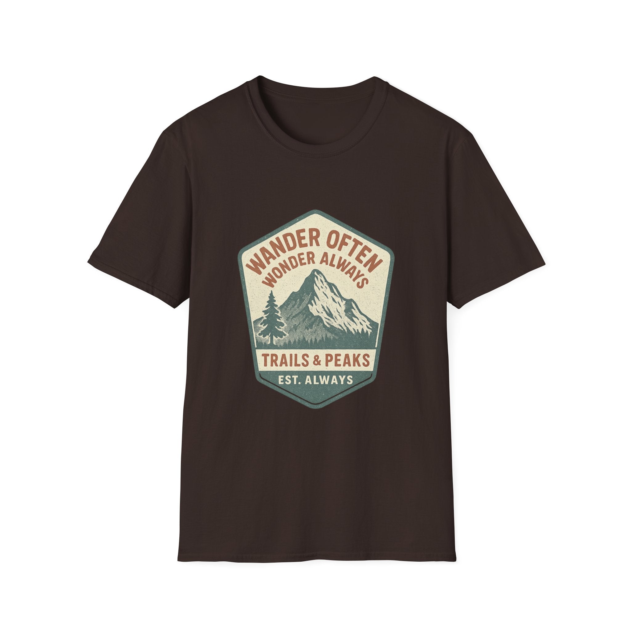 Wander Often Wonder Always Mountain Badge T-Shirt | Trails & Peaks Tee