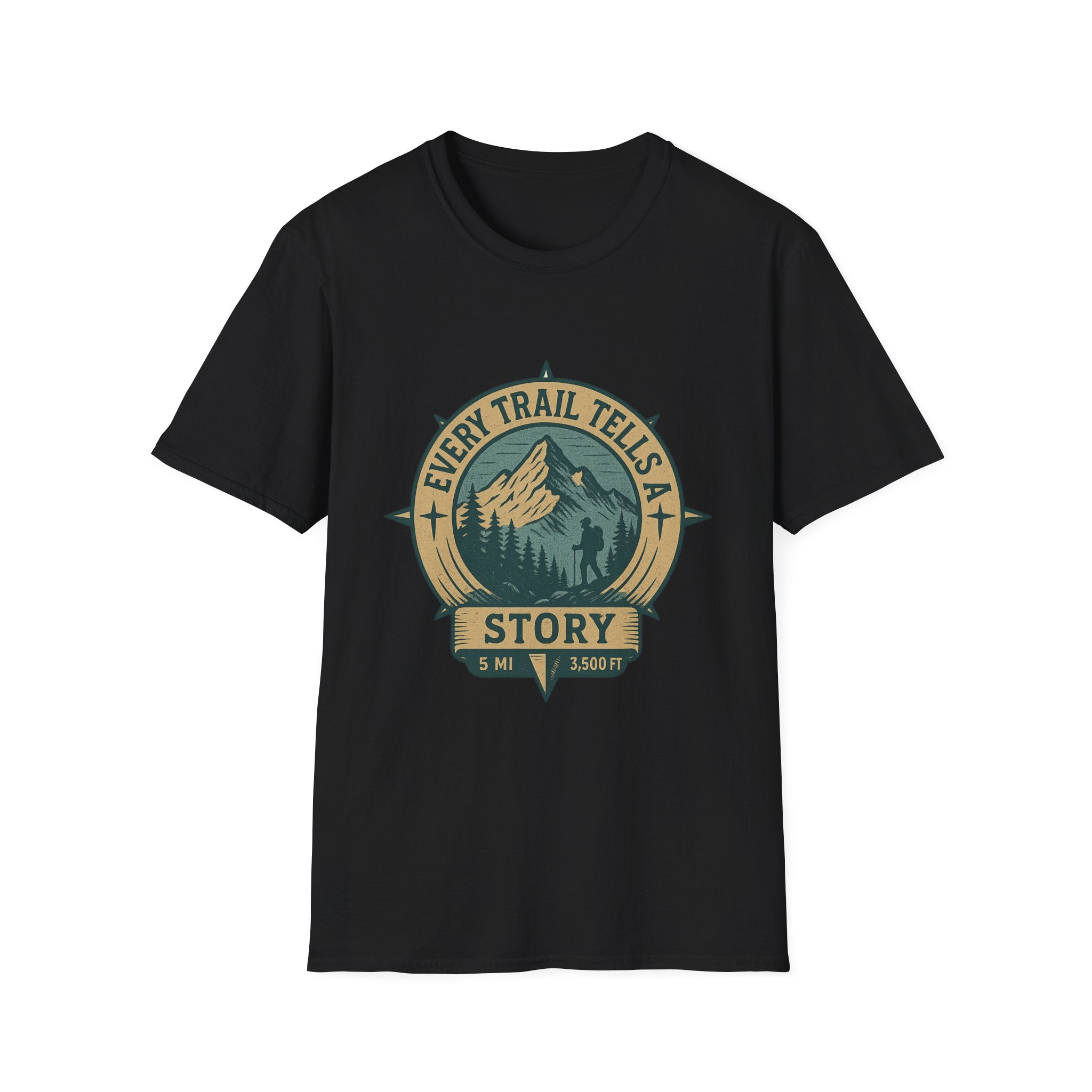Every Trail Tells a Story T-Shirt | Mountain Hiking Badge Tee