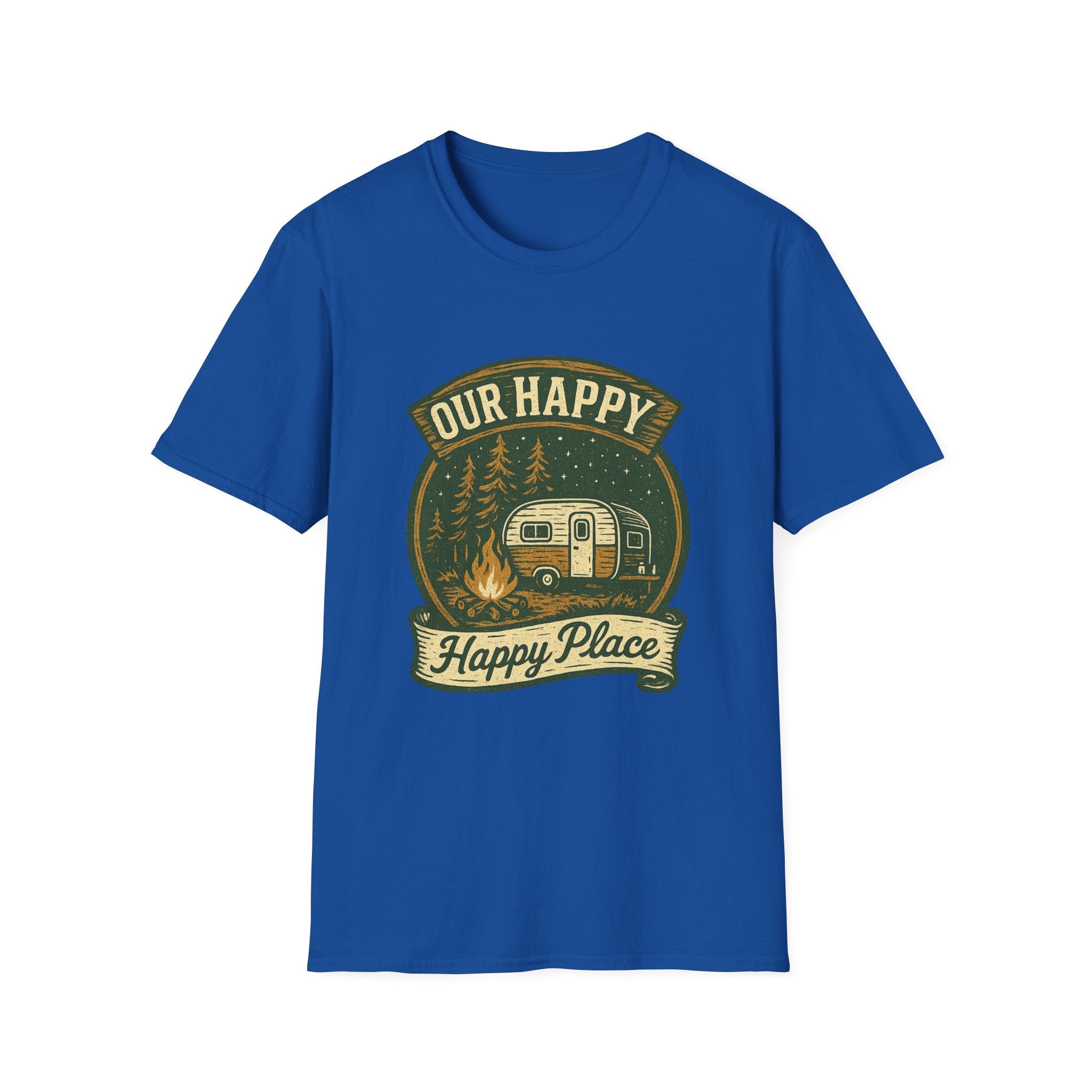Our Happy Happy Place camper graphic T-Shirt | vintage camping trailer design