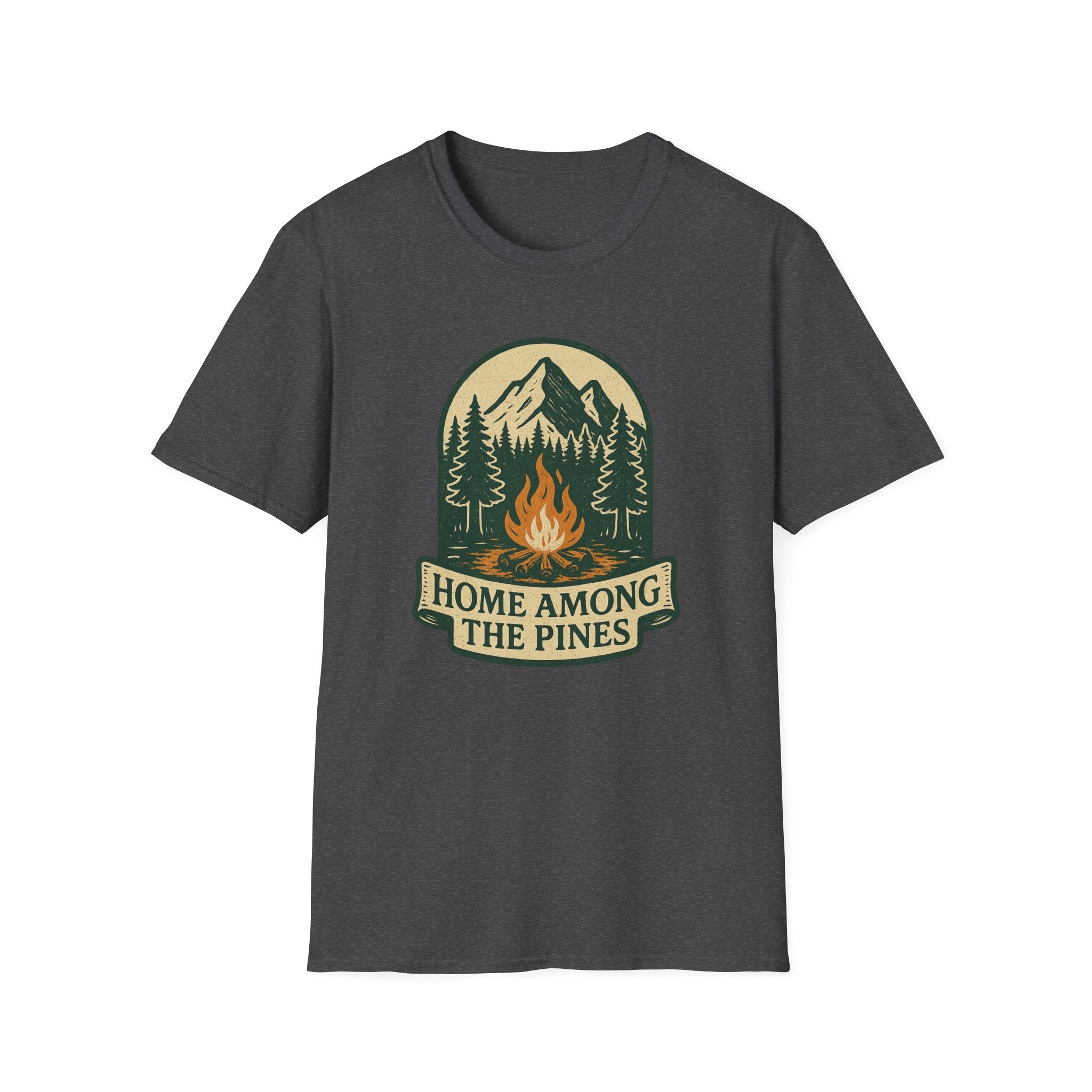 Home Among The Pines campfire graphic T-Shirt | mountain forest design
