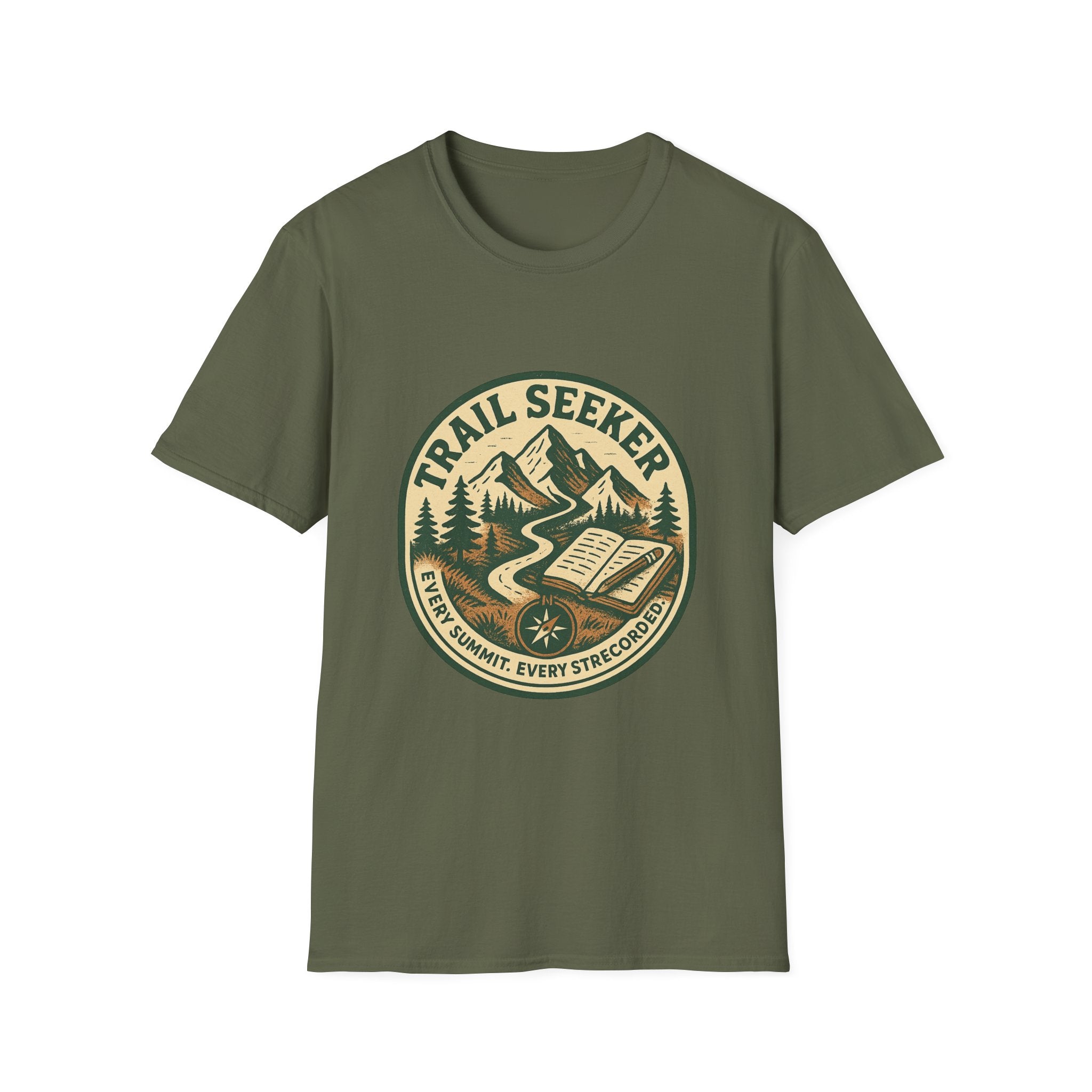 Trail Seeker Badge T-Shirt | Mountain Hiking Emblem, Nature Graphic