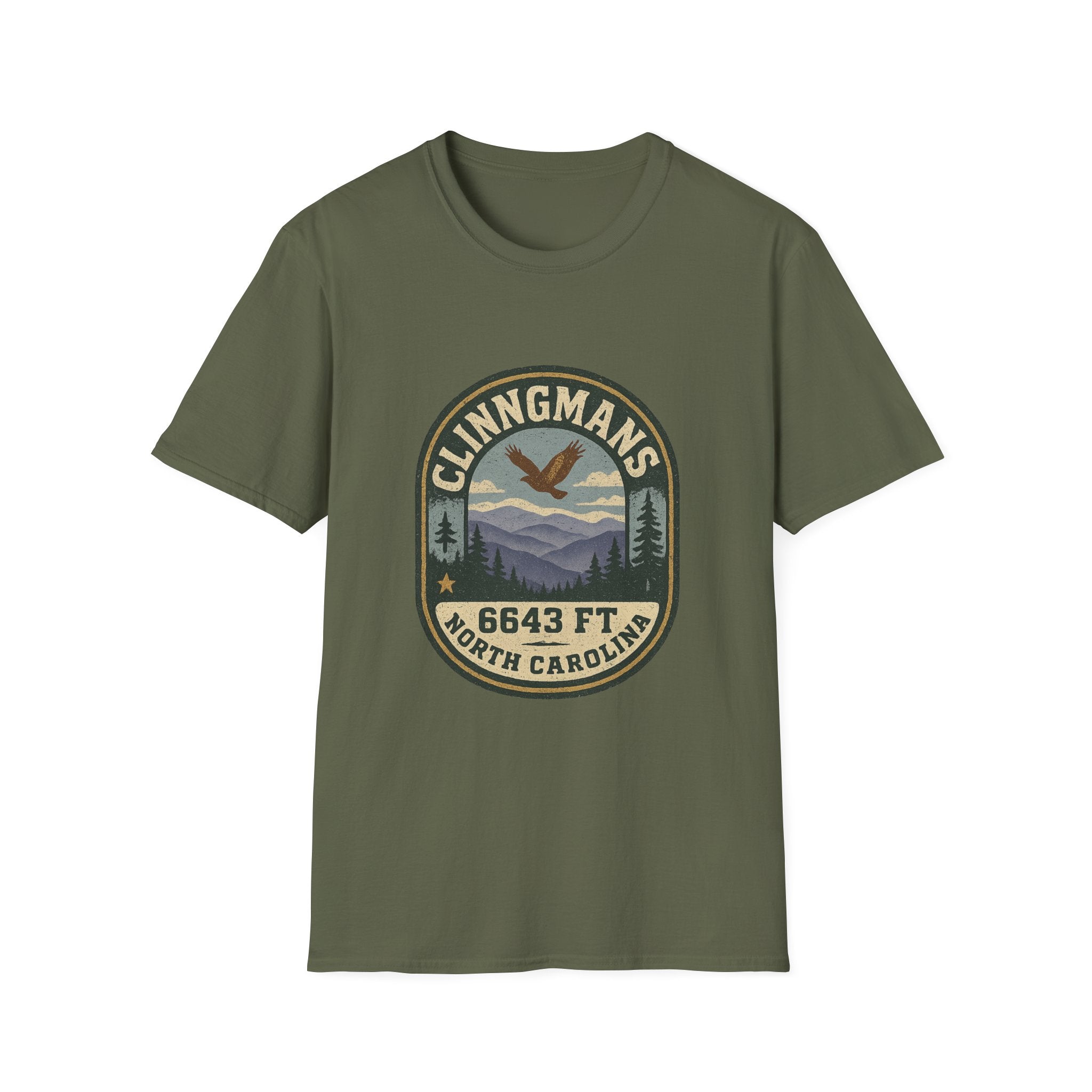Clinngmans North Carolina 6643 Ft Mountain Badge T-Shirt | Hiking Patch Design