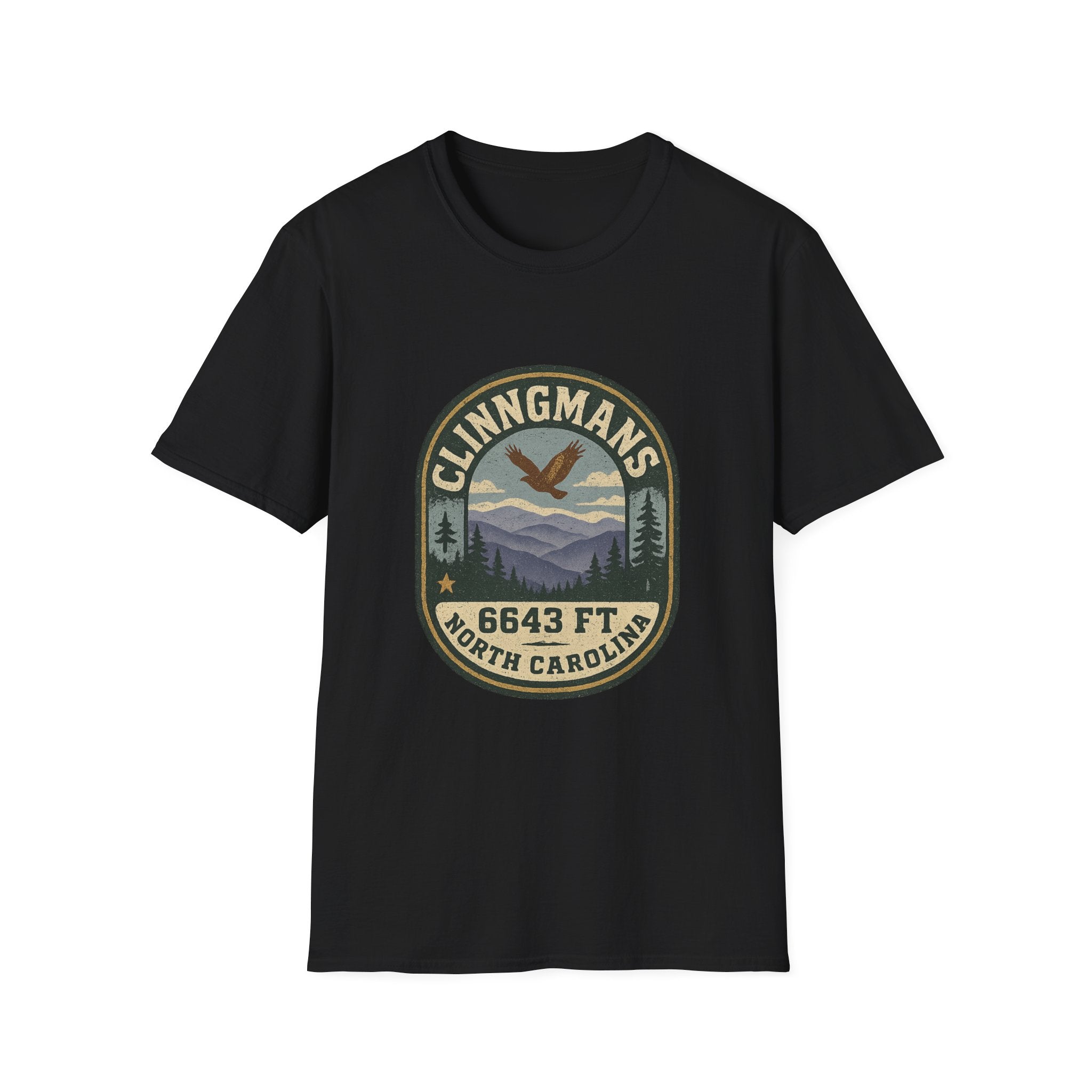 Clinngmans North Carolina 6643 Ft Mountain Badge T-Shirt | Hiking Patch Design