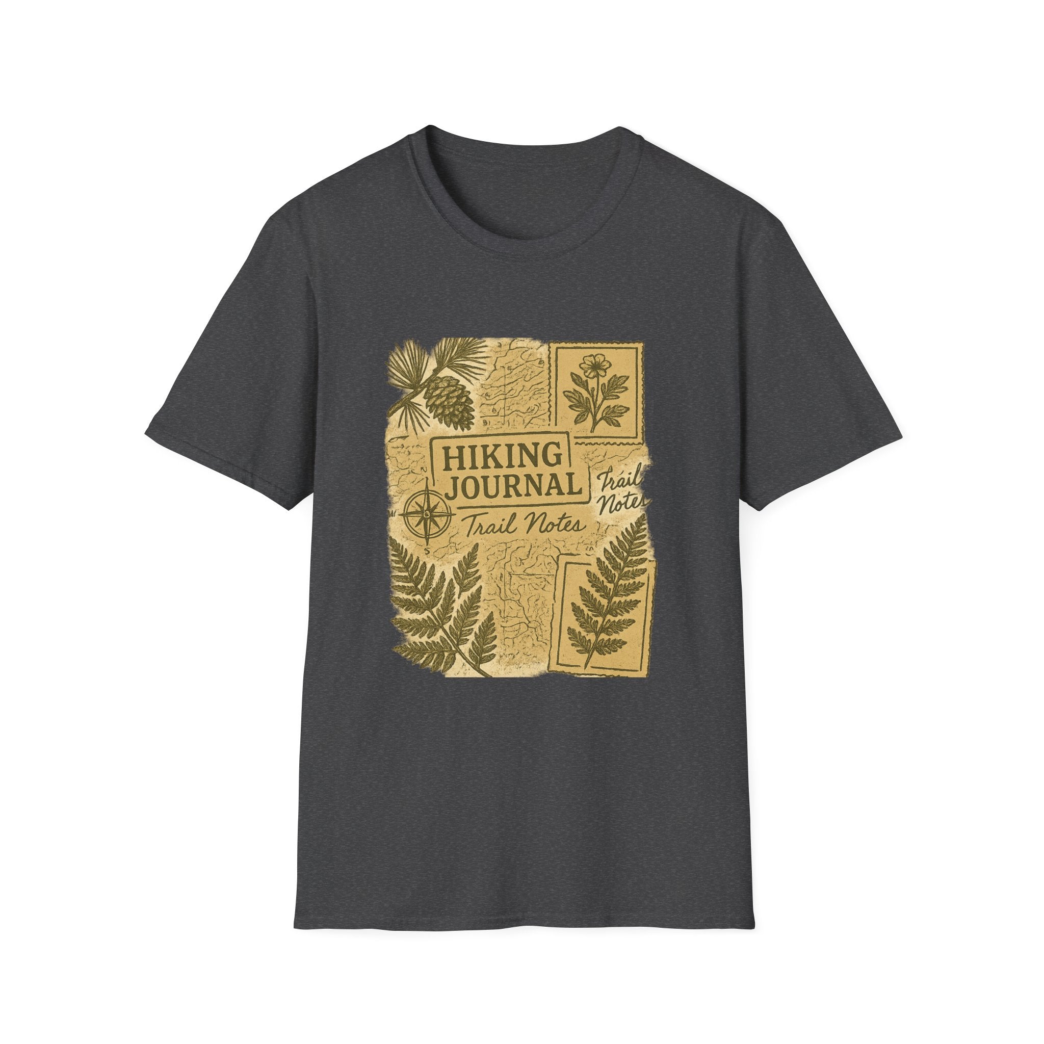 Hiking Journal Trail Notes T-Shirt | Botanical Ferns Compass Outdoor Theme