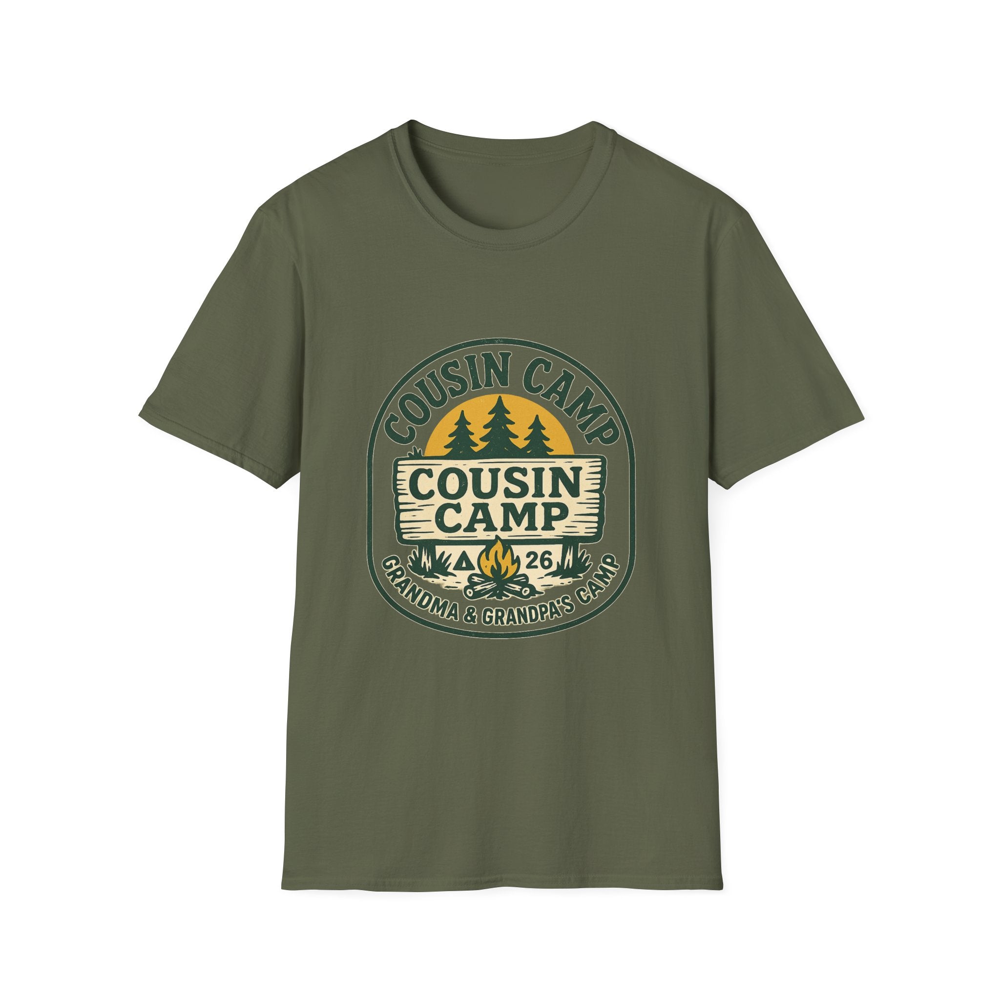 Cousin Camp Graphic T-Shirt | Family Camping Badge, Pine Tree Design