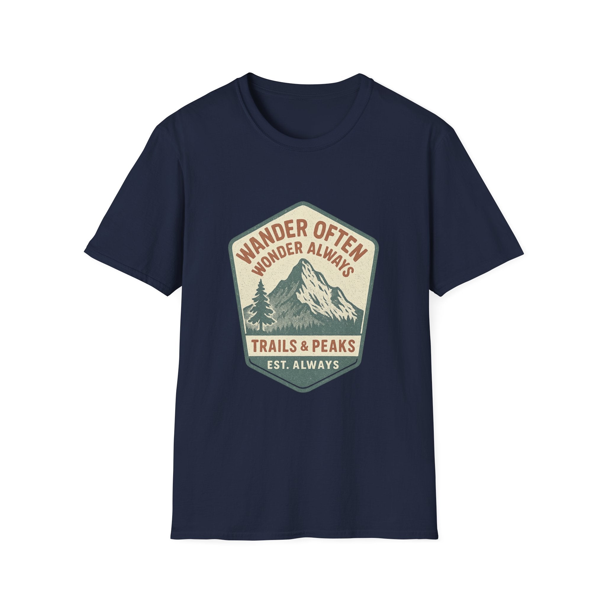 Wander Often Wonder Always Mountain Badge T-Shirt | Trails & Peaks Tee