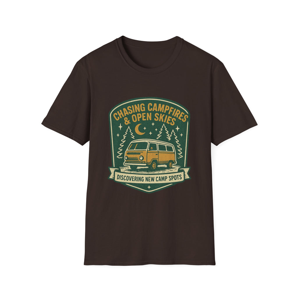 Chasing Campfires & Open Skies T-Shirt | Vintage Camper Van Camping Design