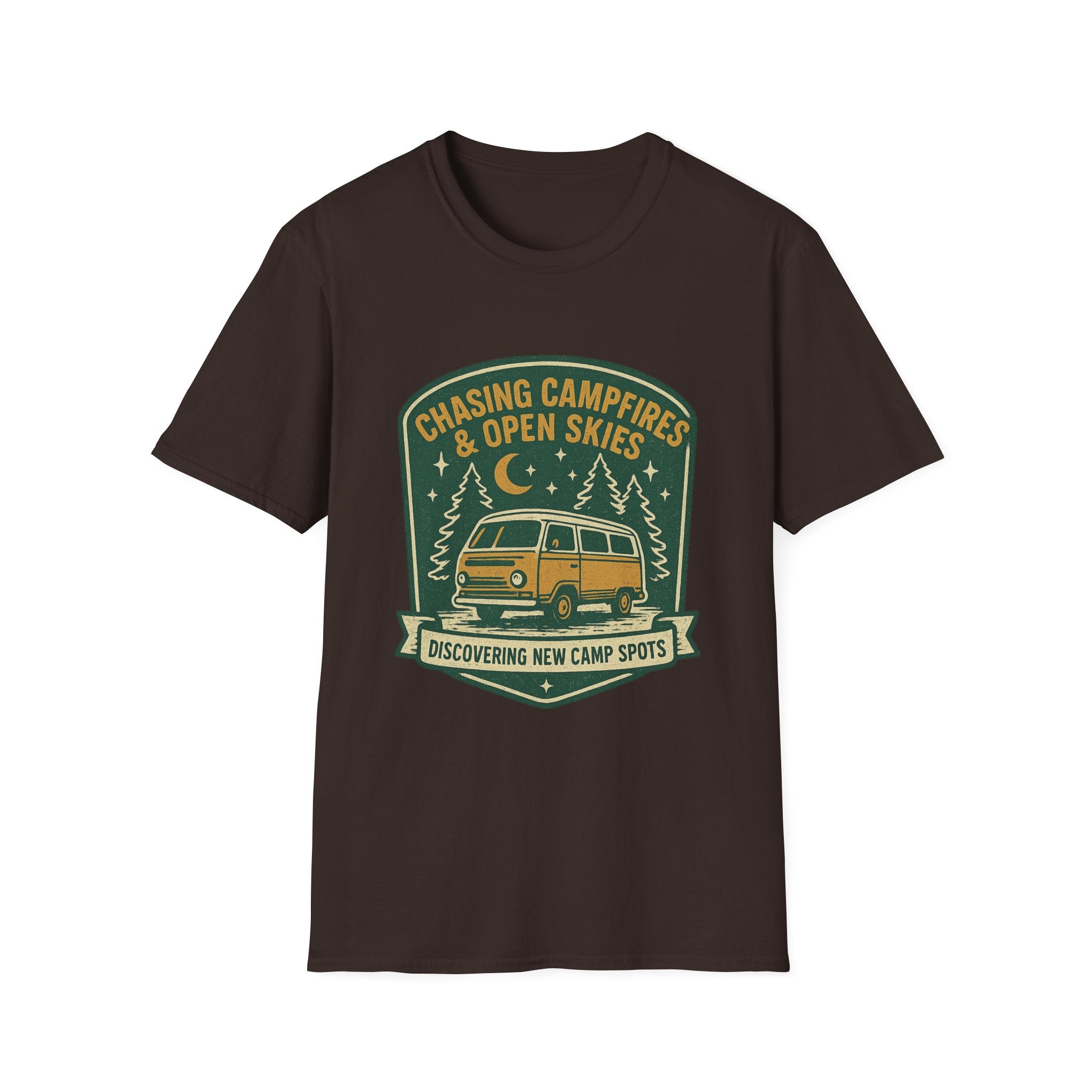 Chasing Campfires & Open Skies T-Shirt | Vintage Camper Van Camping Design