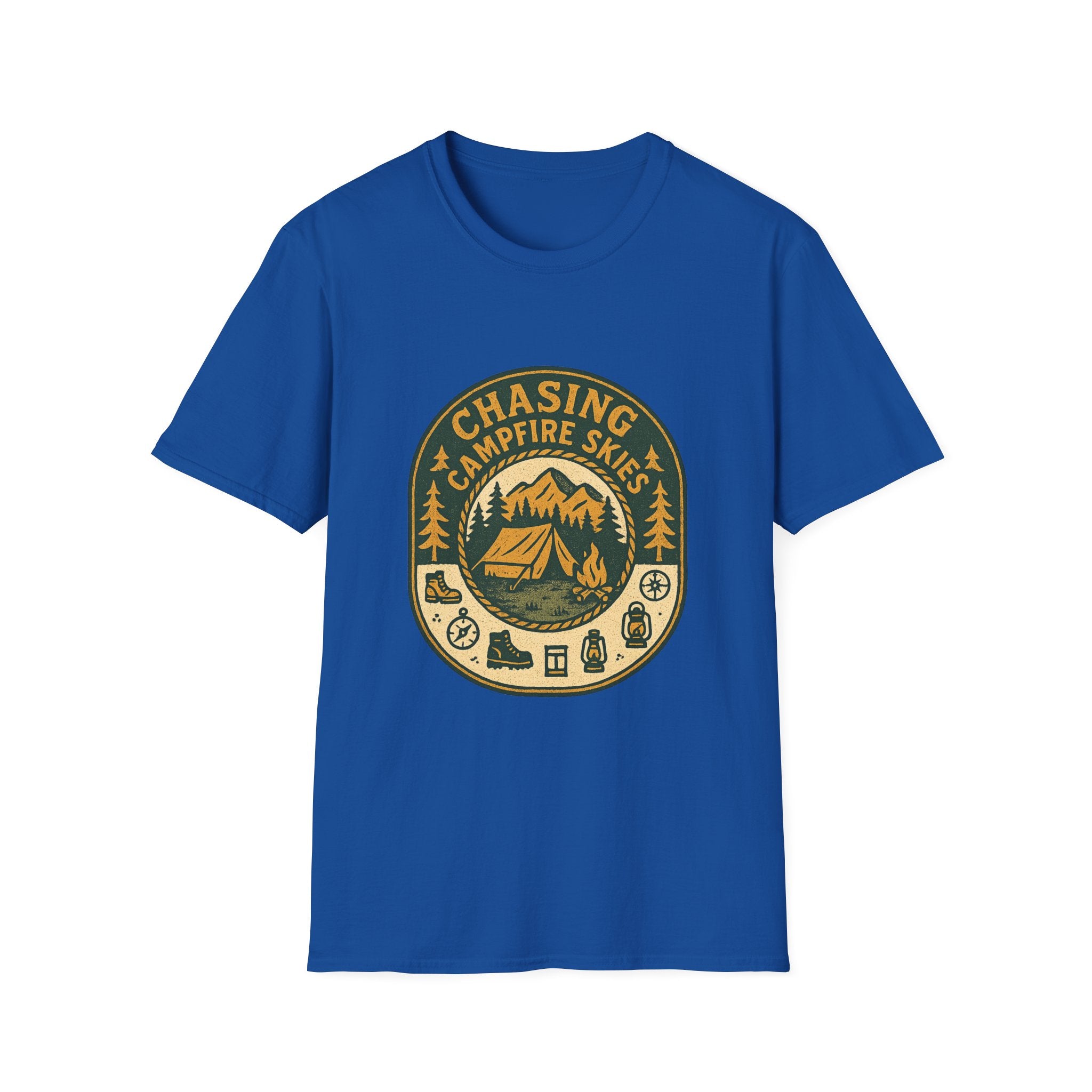 Chasing Campfire Skies T-Shirt | Mountain Camping Badge