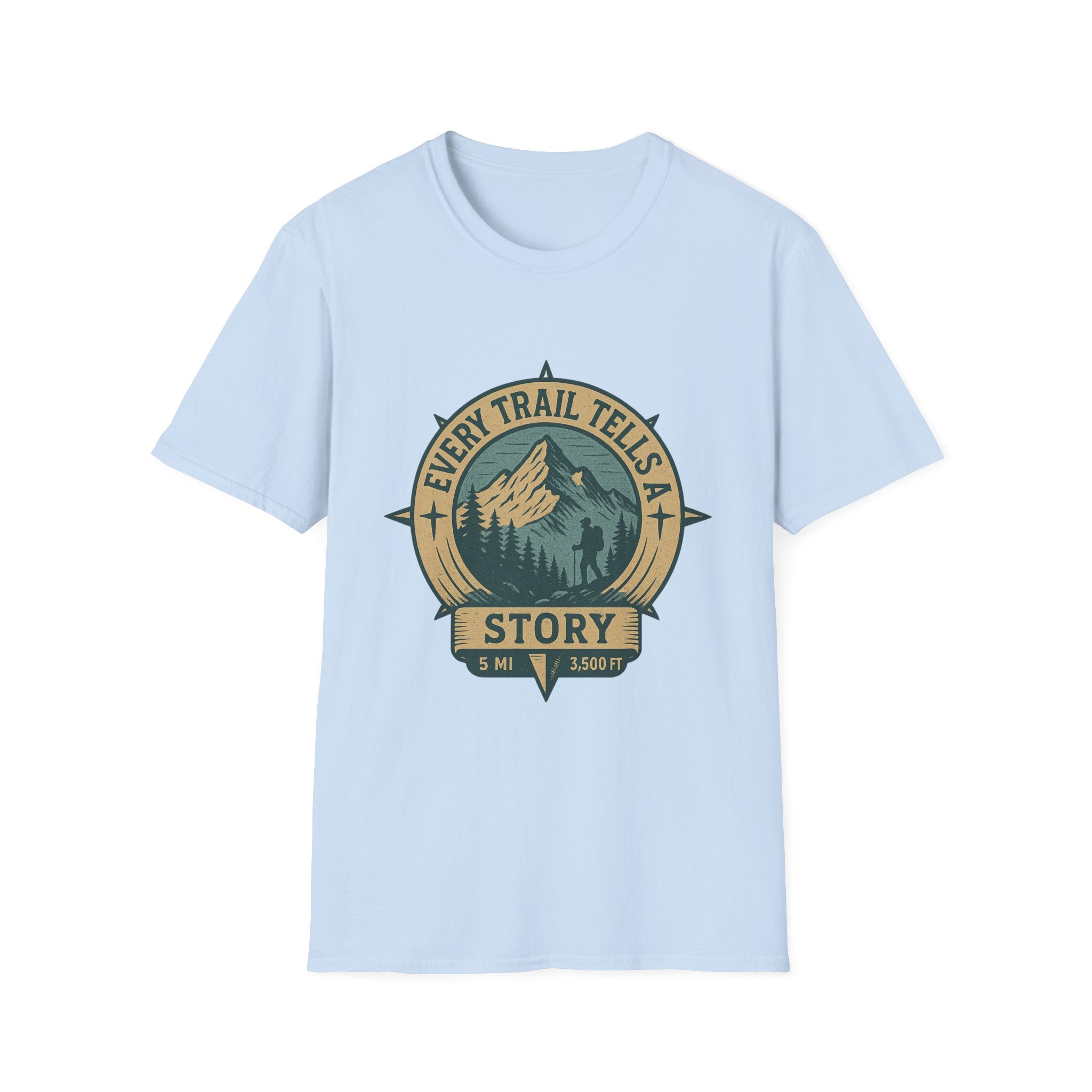 Every Trail Tells a Story T-Shirt | Mountain Hiking Badge Tee