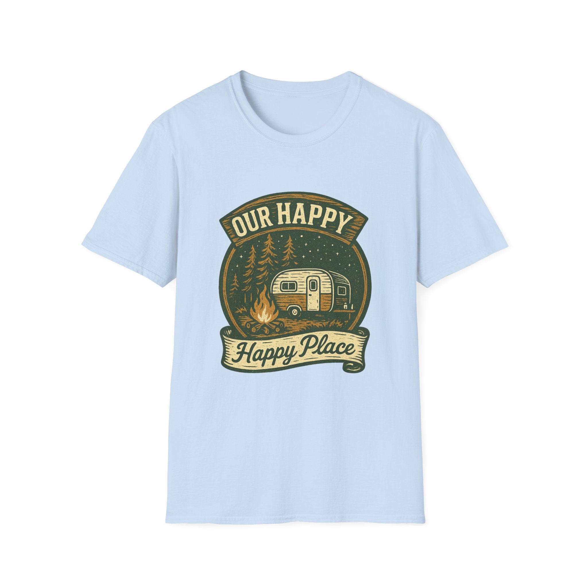 Our Happy Happy Place camper graphic T-Shirt | vintage camping trailer design