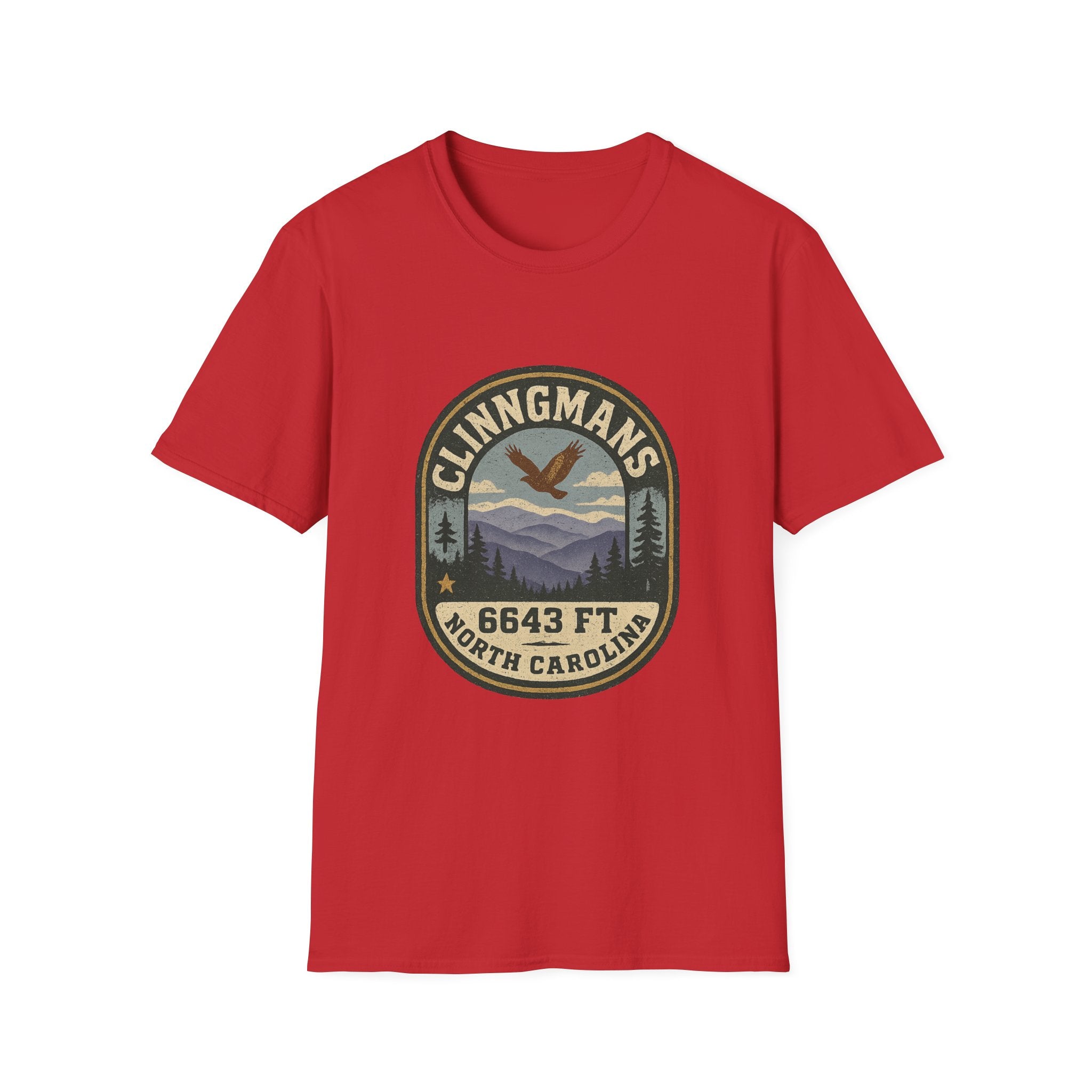 Clinngmans North Carolina 6643 Ft Mountain Badge T-Shirt | Hiking Patch Design