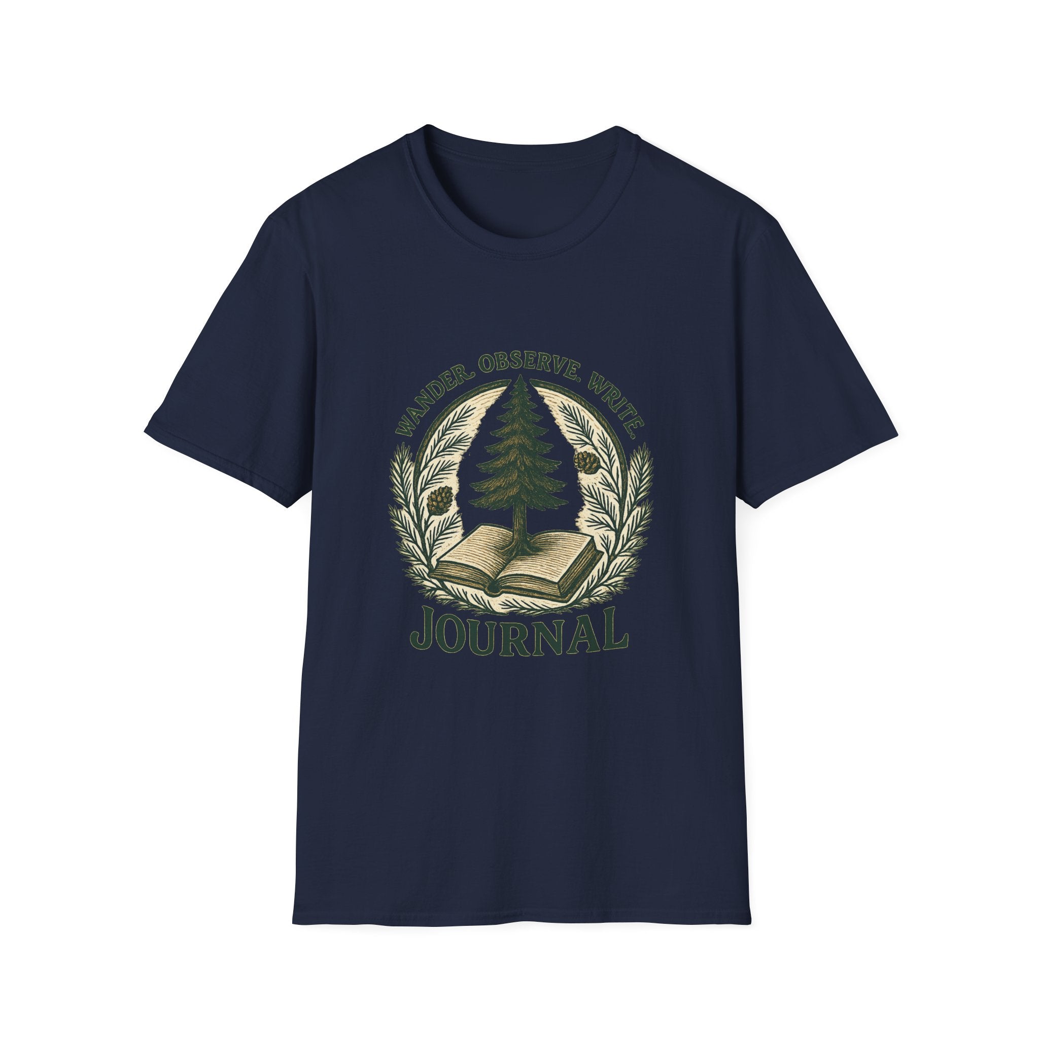Wander Observe Write Journal T-Shirt | Nature Tree, Pinecone, Botanical Design